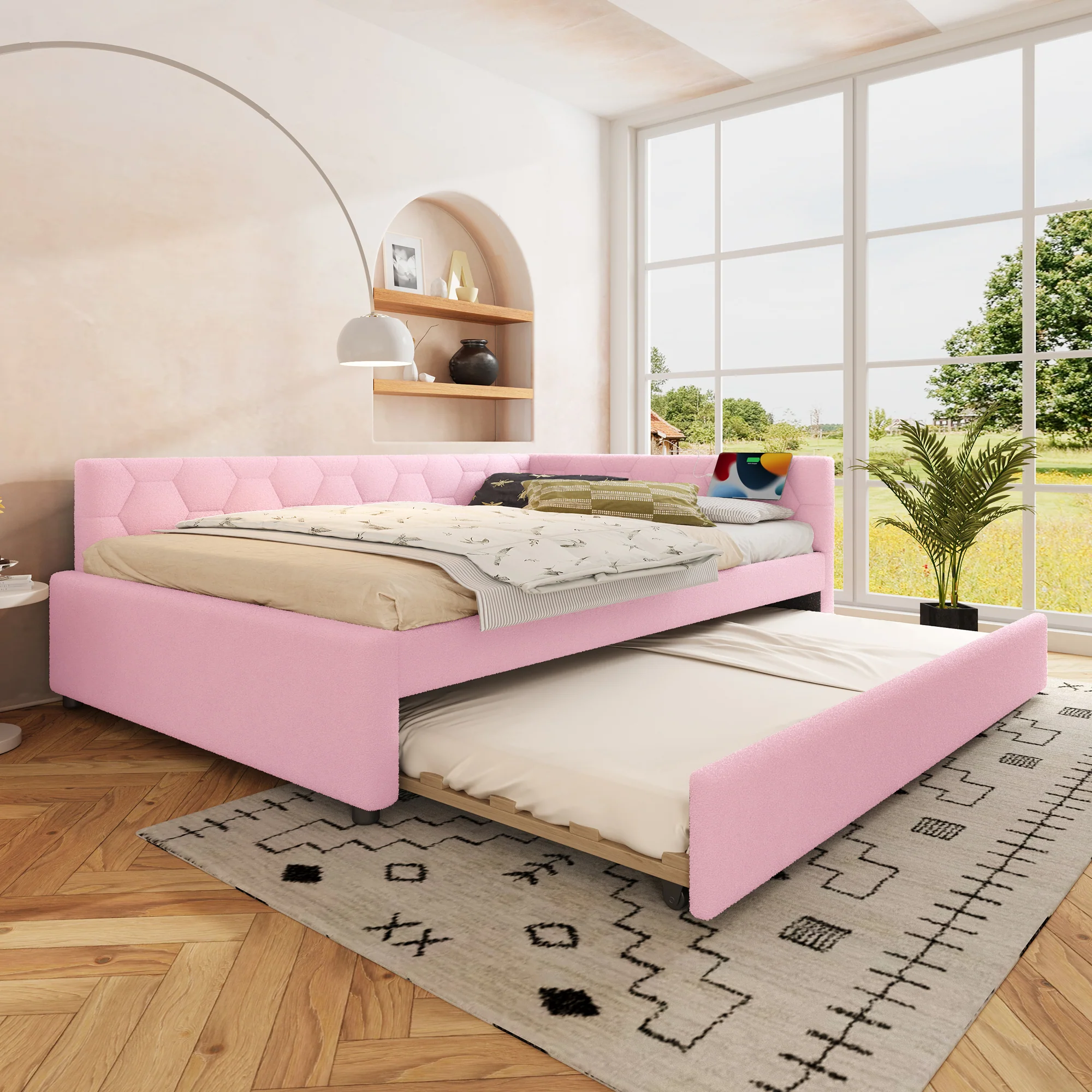 Daybed 140x200cm Sofa Bed Pull-Out Bed Lamp USB/Type-C - Faux Fleece Pink - Image 9