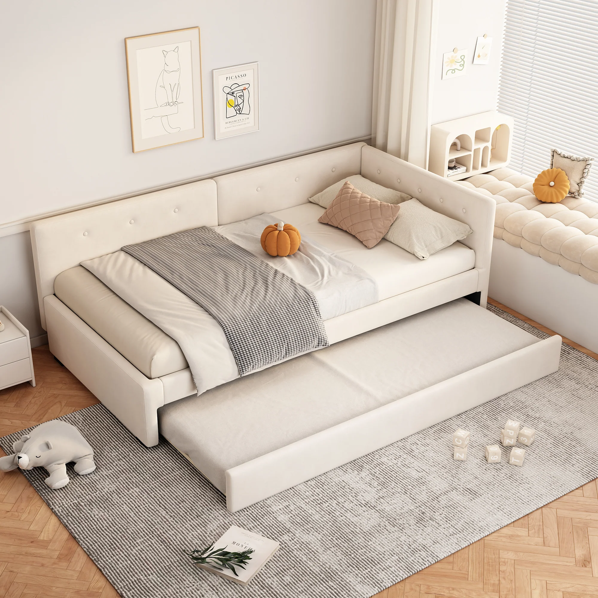 Daybed 90x200cm Rollaway Bed Minimalist Style - Beige - Image 4