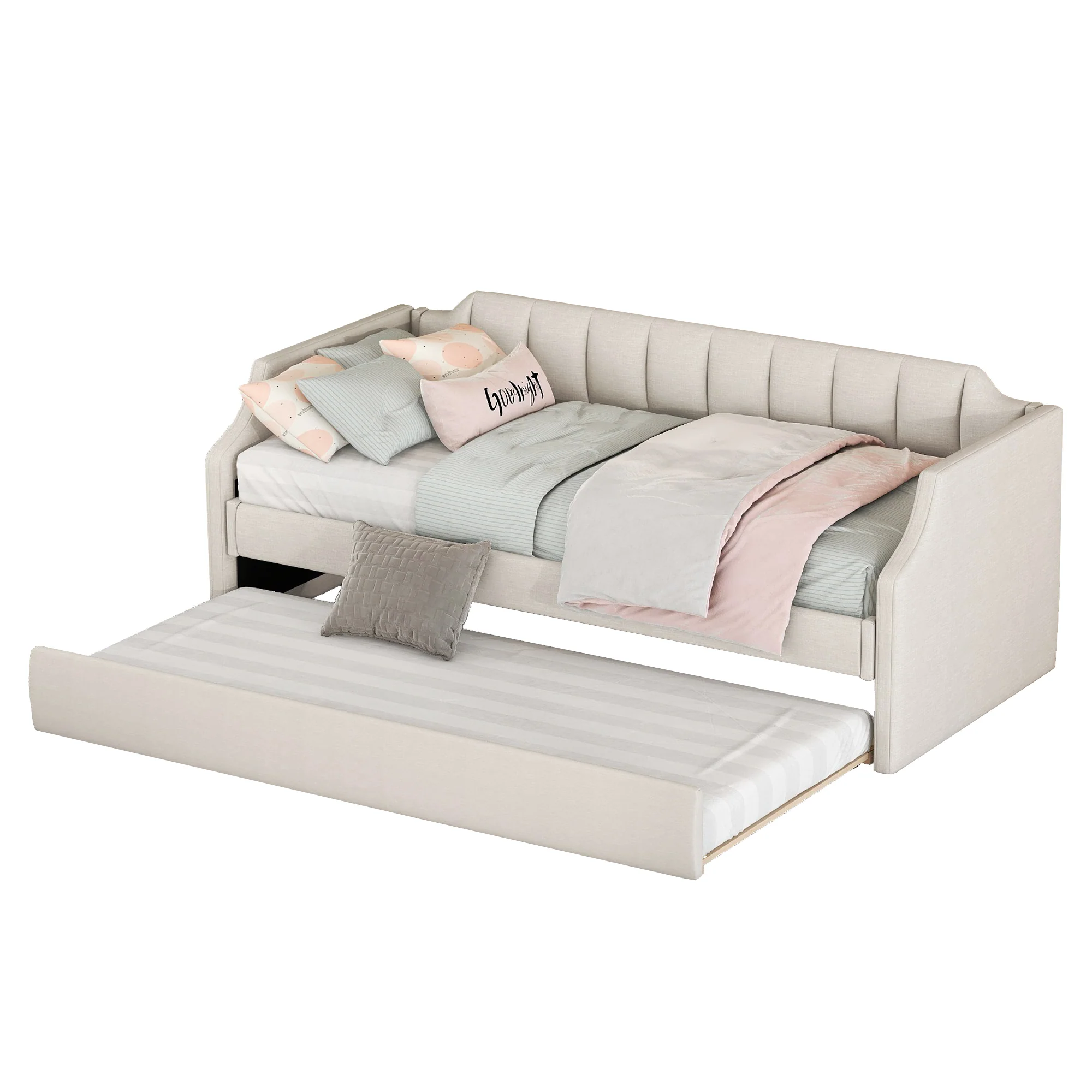 Daybed 90x200cm Upholstered Rollaway Bed - Beige - Image 10