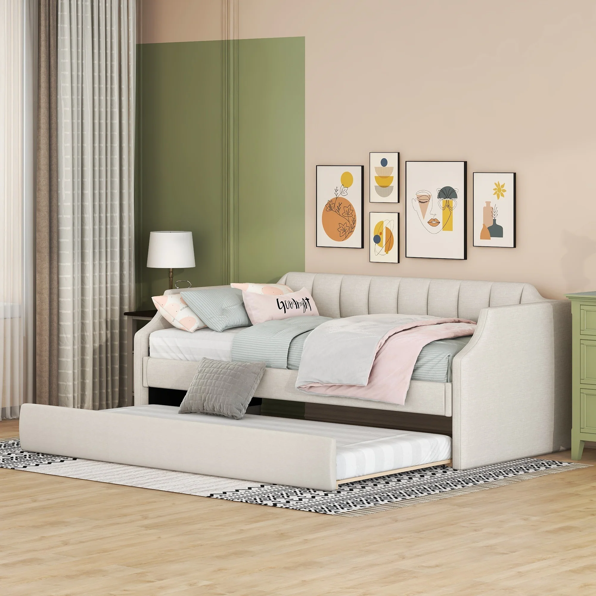 Daybed 90x200cm Upholstered Rollaway Bed - Beige - Image 2