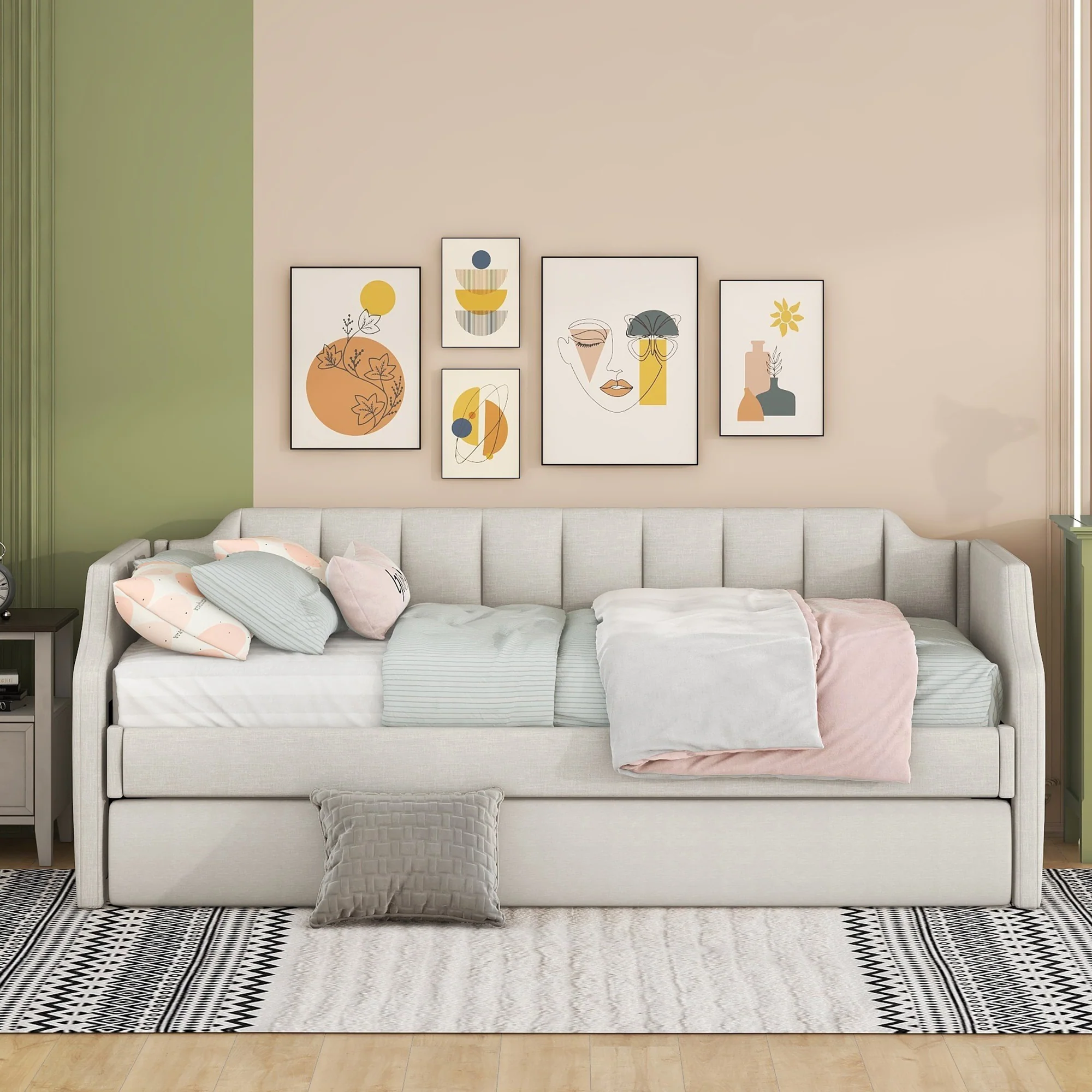 Daybed 90x200cm Upholstered Rollaway Bed - Beige - Image 3