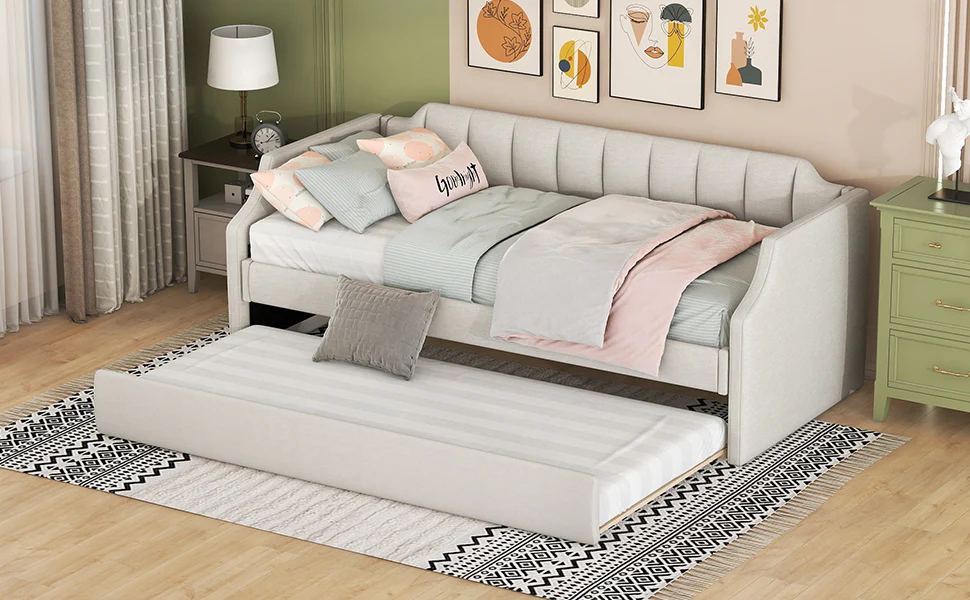 Daybed 90x200cm Upholstered Rollaway Bed - Beige - Image 4