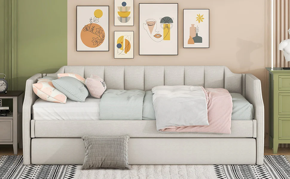 Daybed 90x200cm Upholstered Rollaway Bed - Beige - Image 5