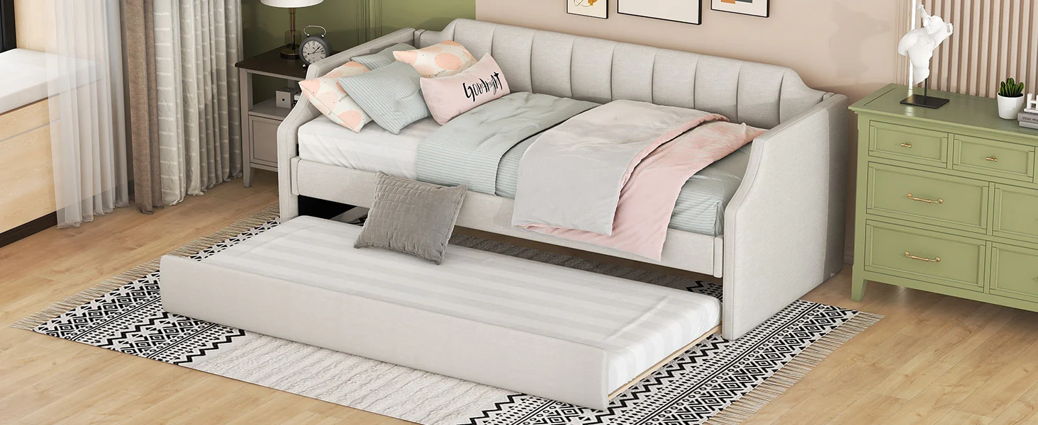 Daybed 90x200cm Upholstered Rollaway Bed - Beige - Image 7