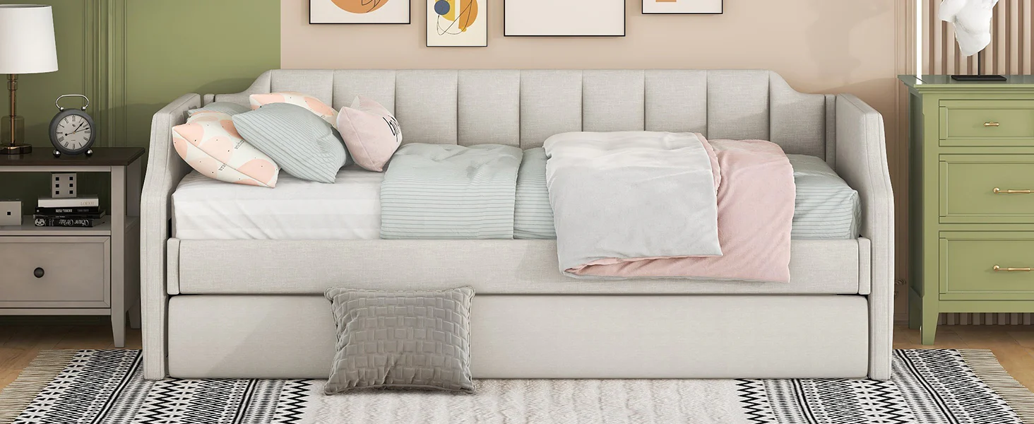 Daybed 90x200cm Upholstered Rollaway Bed - Beige - Image 8