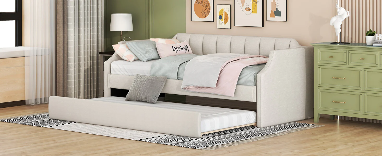Daybed 90x200cm Upholstered Rollaway Bed - Beige - Image 9
