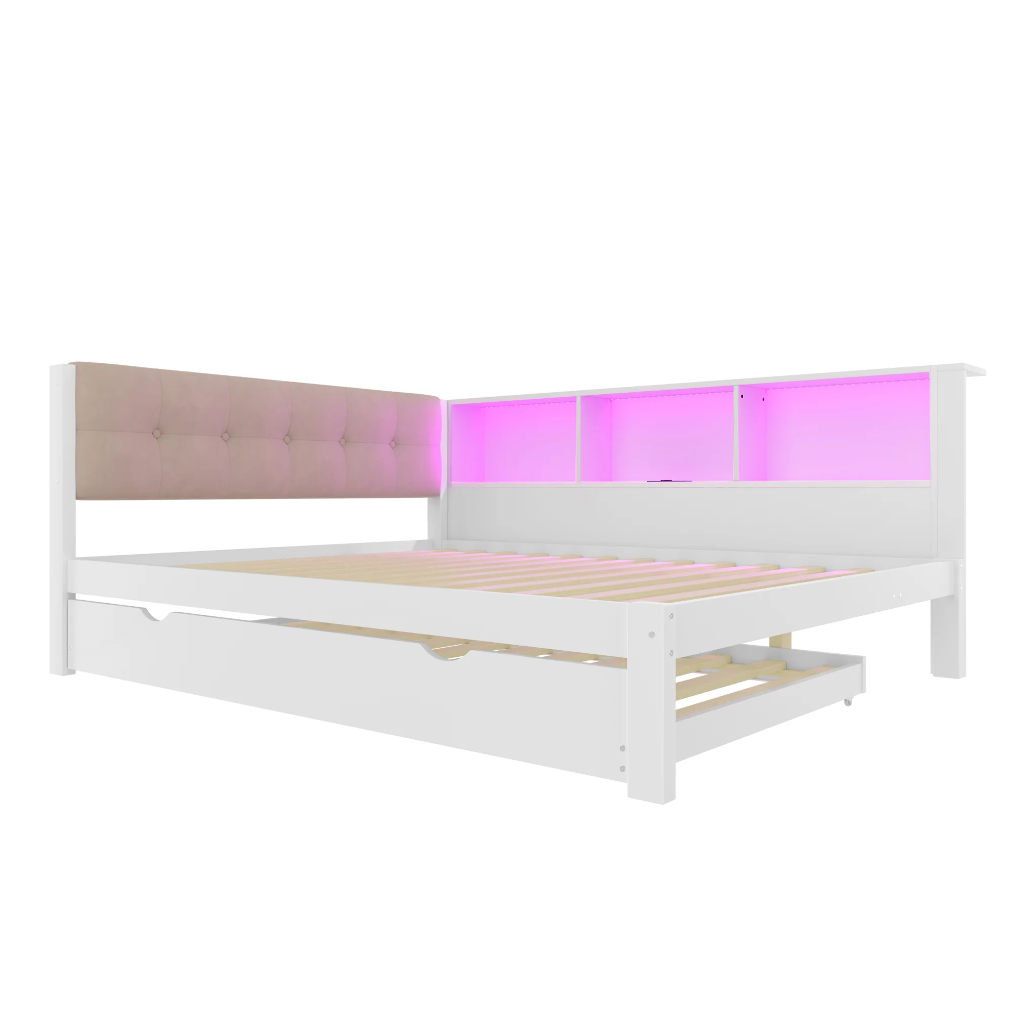 Daybed Sofa Bed 140x200cm Pull-out Bed LED Shelf USB - White Pine Wood - Image 10