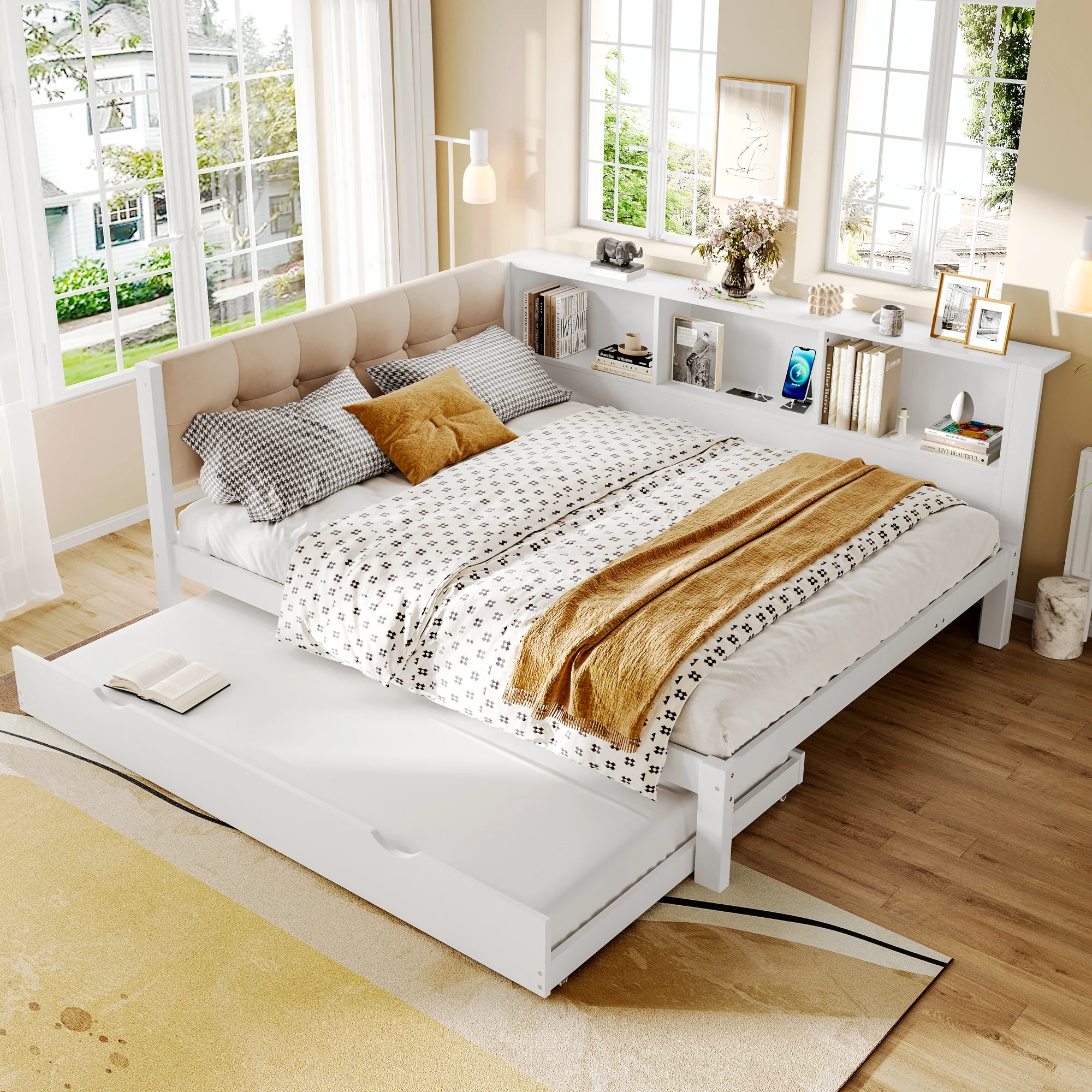 Daybed Sofa Bed 140x200cm Pull-out Bed LED Shelf USB - White Pine Wood - Image 3
