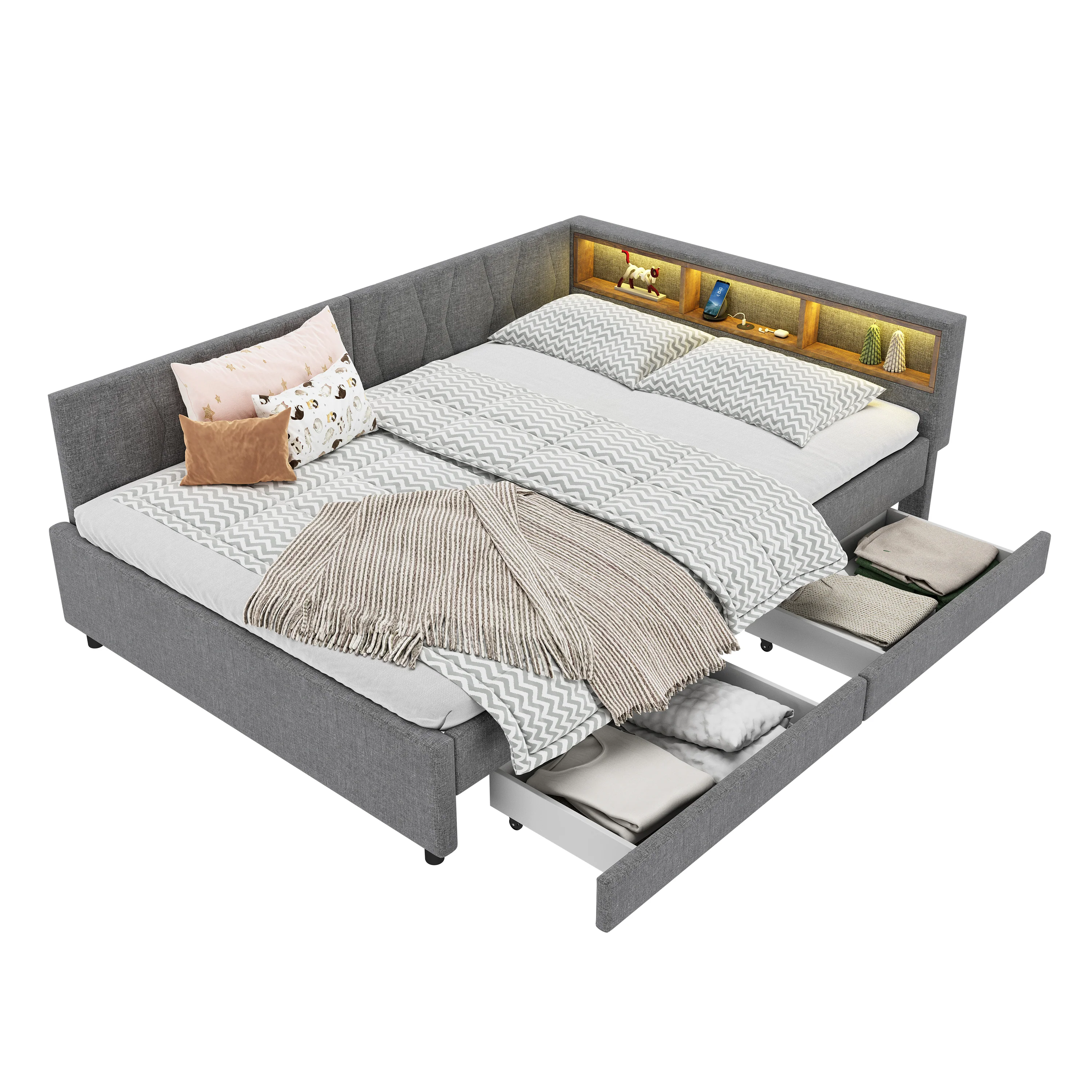 Daybed Sofa Bed 140x200cm Storage LED USB/Type-C 2 Drawers - Linen Grey - Image 8