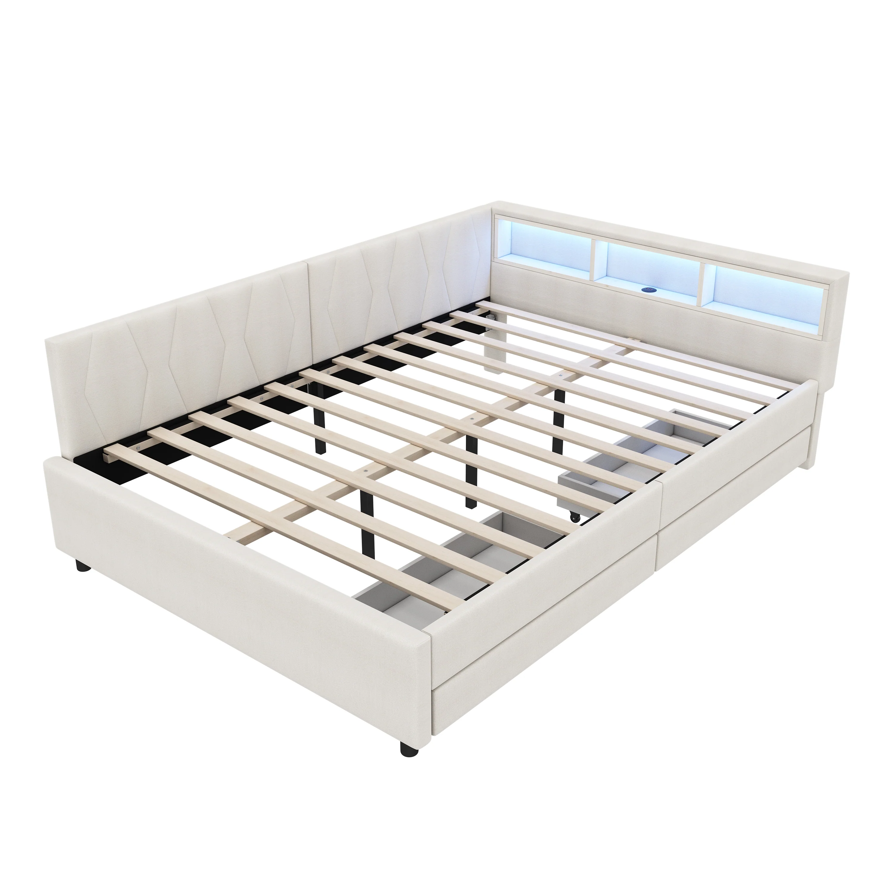 Daybed Sofa Bed 140x200cm Storage USB/Type-C LED 2 Drawers - Linen Beige - Image 10
