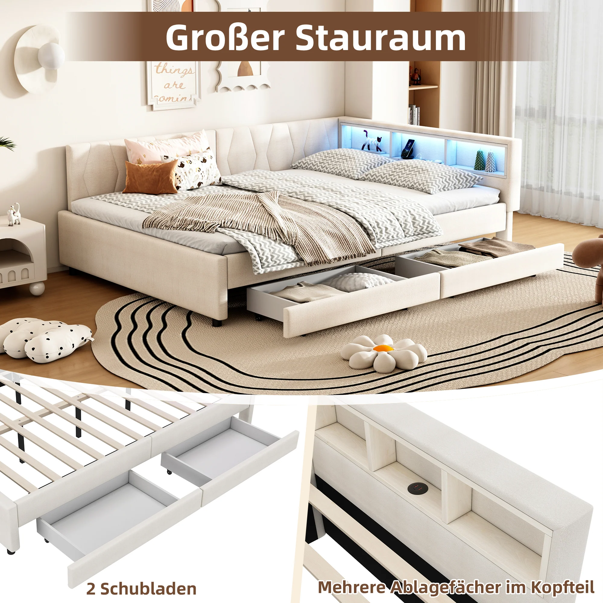 Daybed Sofa Bed 140x200cm Storage USB/Type-C LED 2 Drawers - Linen Beige - Image 3