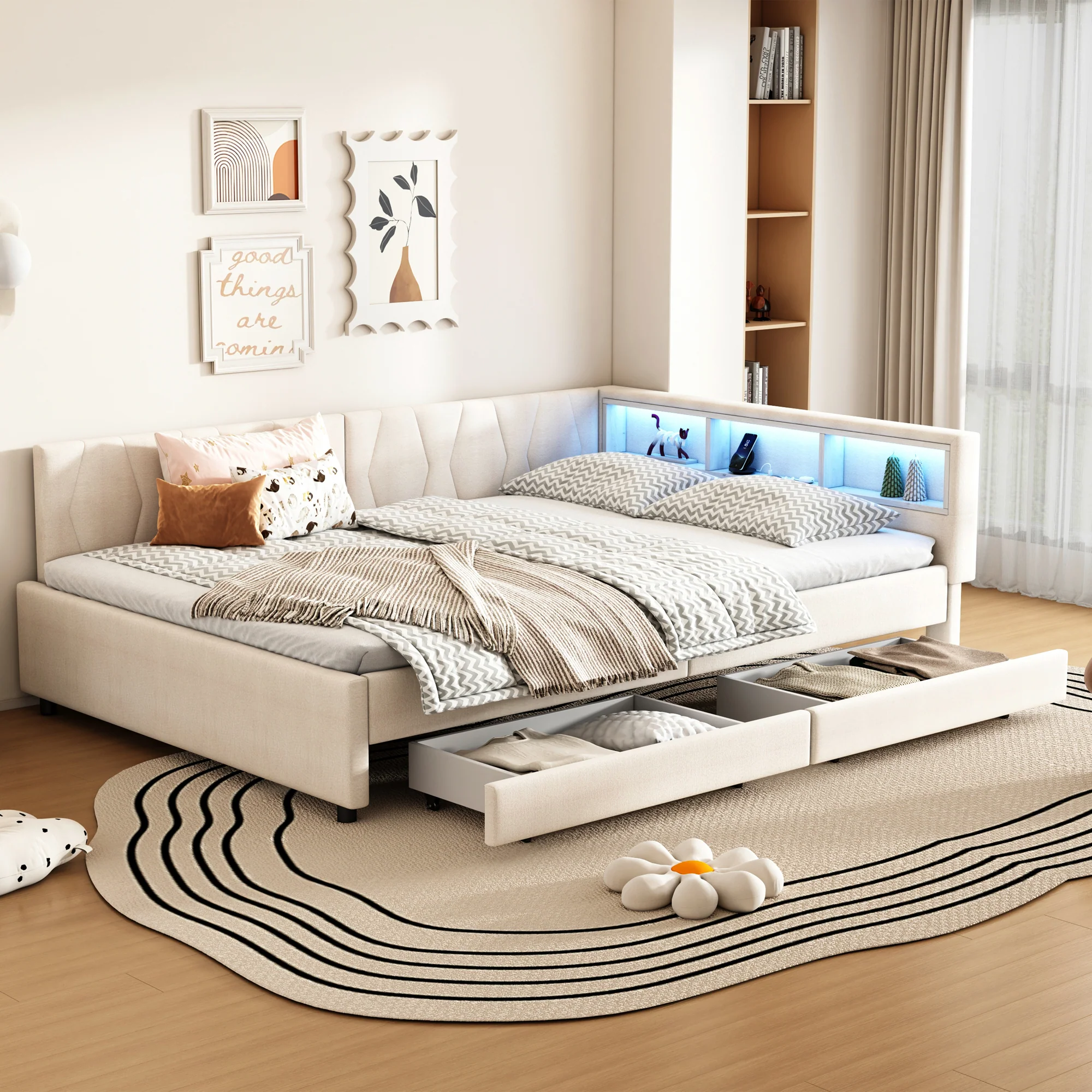 Daybed Sofa Bed 140x200cm Storage USB/Type-C LED 2 Drawers - Linen Beige - Image 4