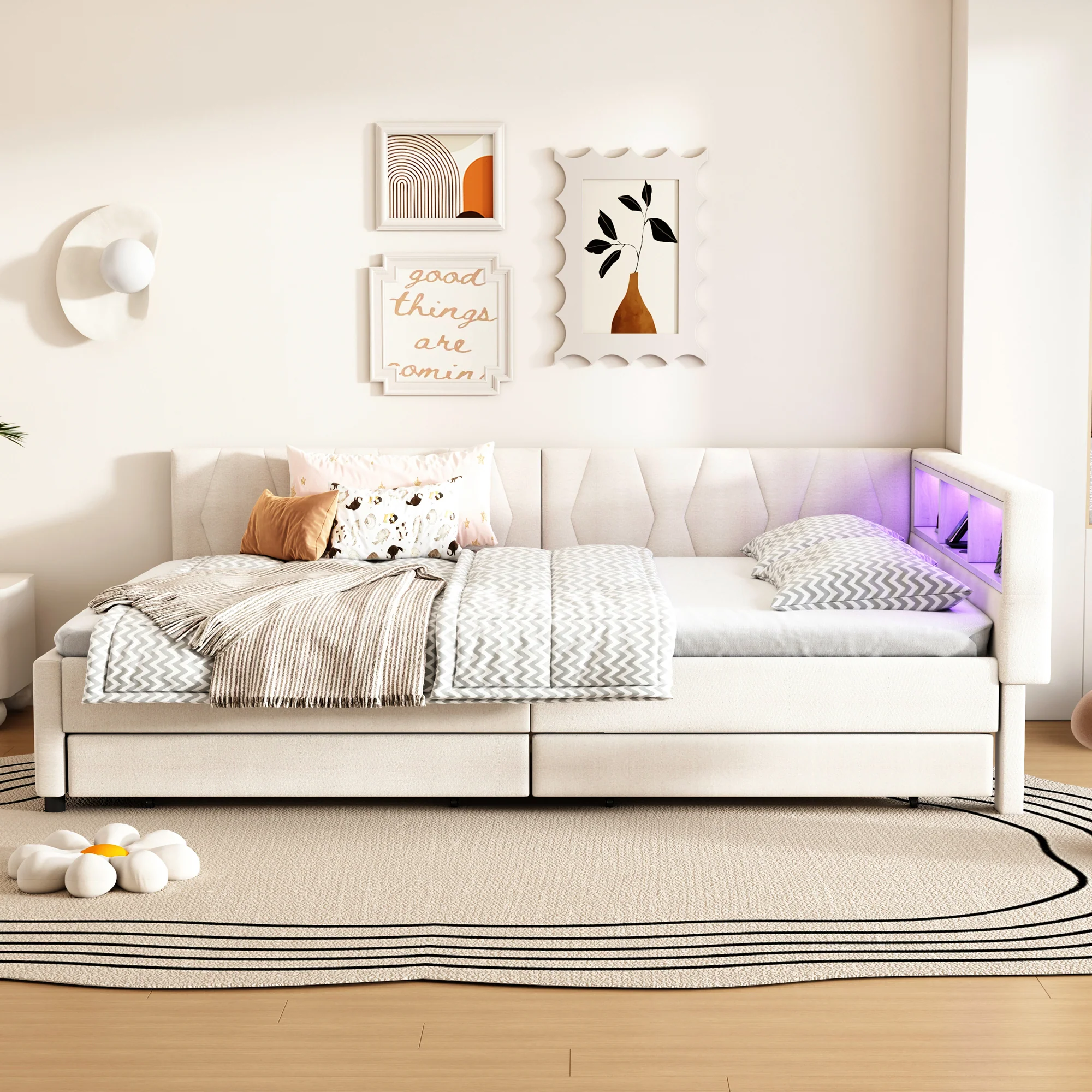 Daybed Sofa Bed 140x200cm Storage USB/Type-C LED 2 Drawers - Linen Beige - Image 5