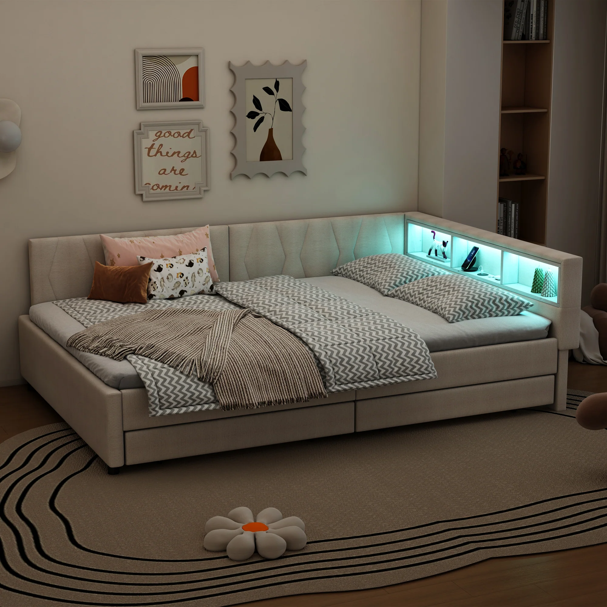 Daybed Sofa Bed 140x200cm Storage USB/Type-C LED 2 Drawers - Linen Beige - Image 6