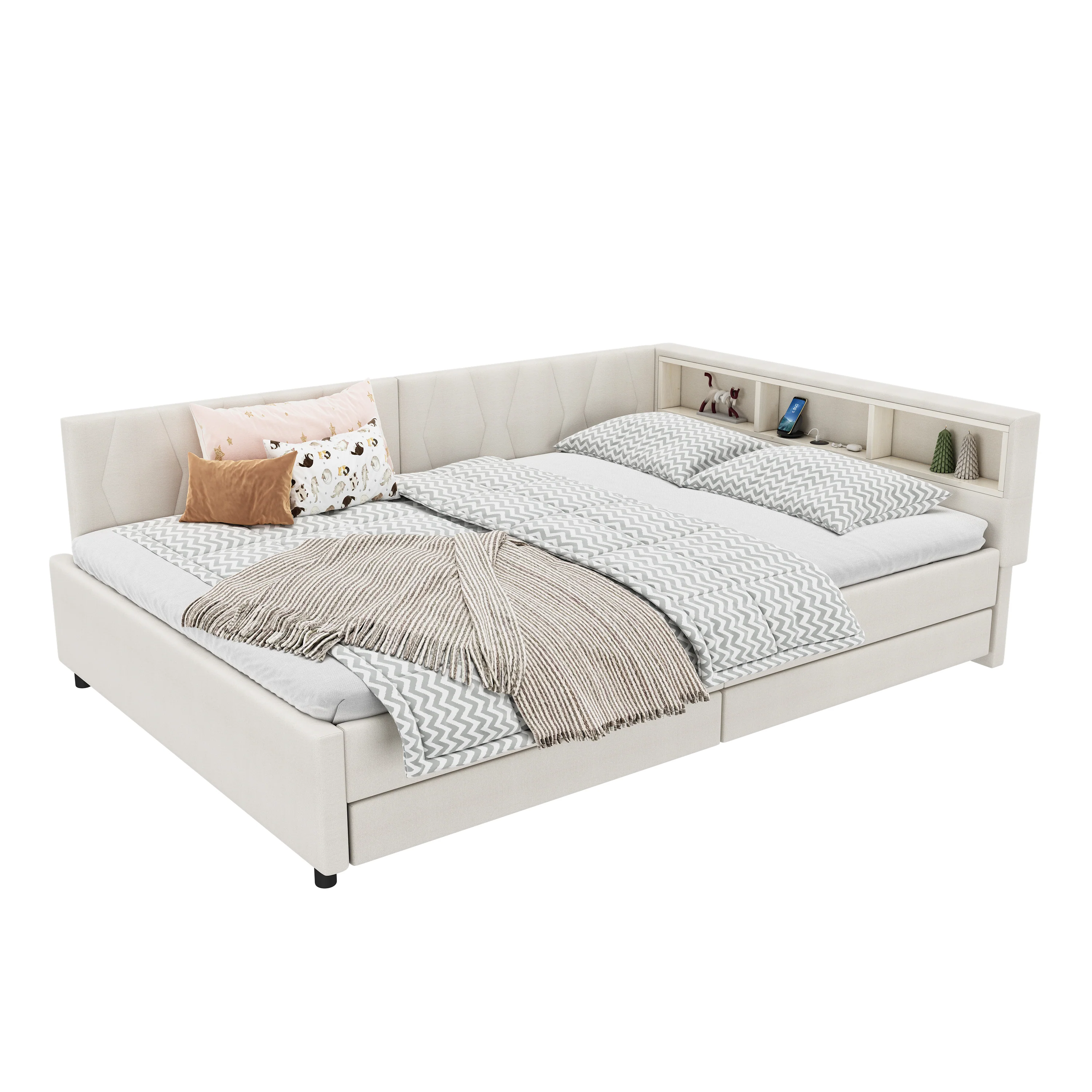 Daybed Sofa Bed 140x200cm Storage USB/Type-C LED 2 Drawers - Linen Beige - Image 7