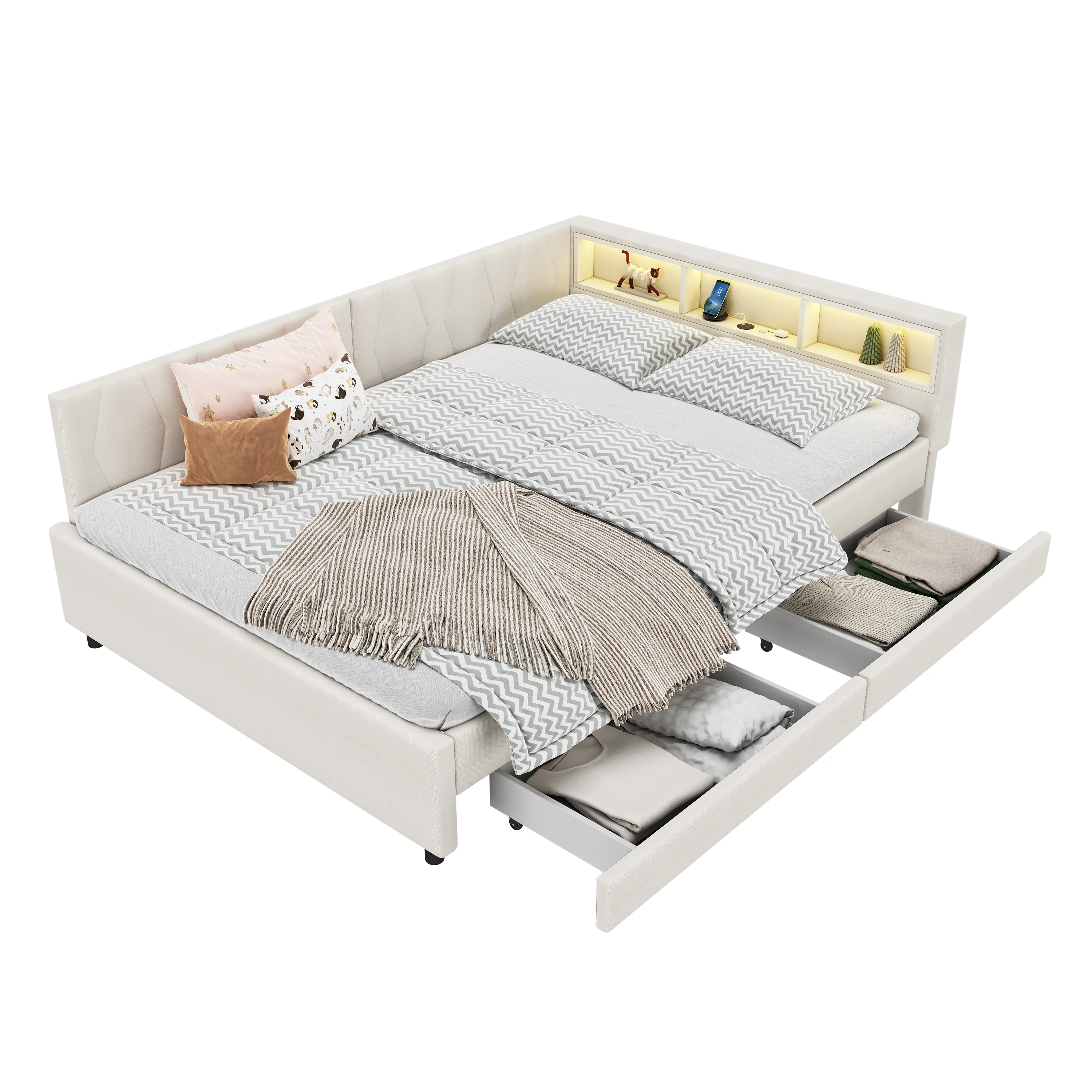 Daybed Sofa Bed 140x200cm Storage USB/Type-C LED 2 Drawers - Linen Beige - Image 8
