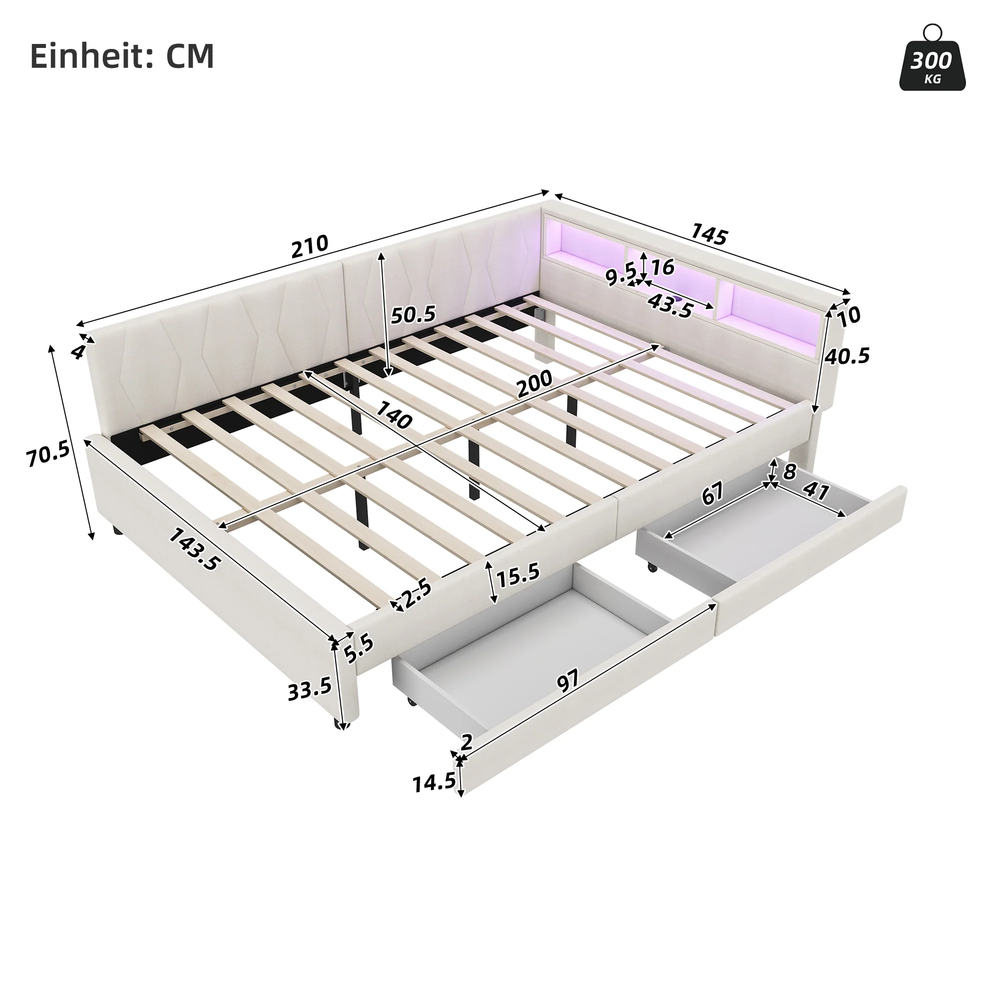 Daybed Sofa Bed 140x200cm Storage USB/Type-C LED 2 Drawers - Linen Beige - Image 9
