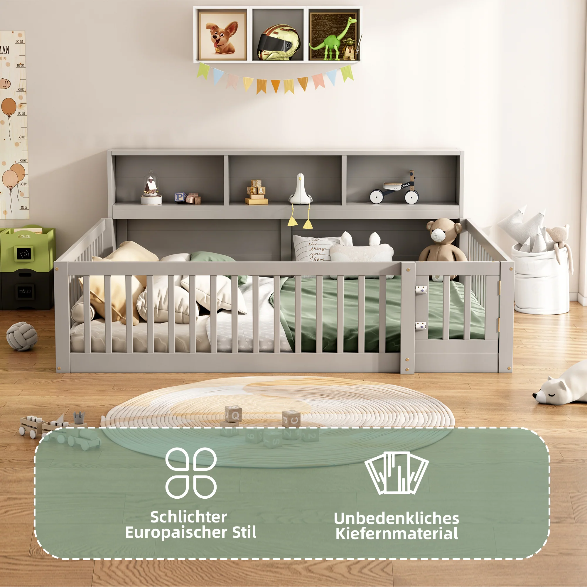 Daybed Sofa Bed 140x200cm with Bedside Storage Railing, Grey Pine Wood - Image 2