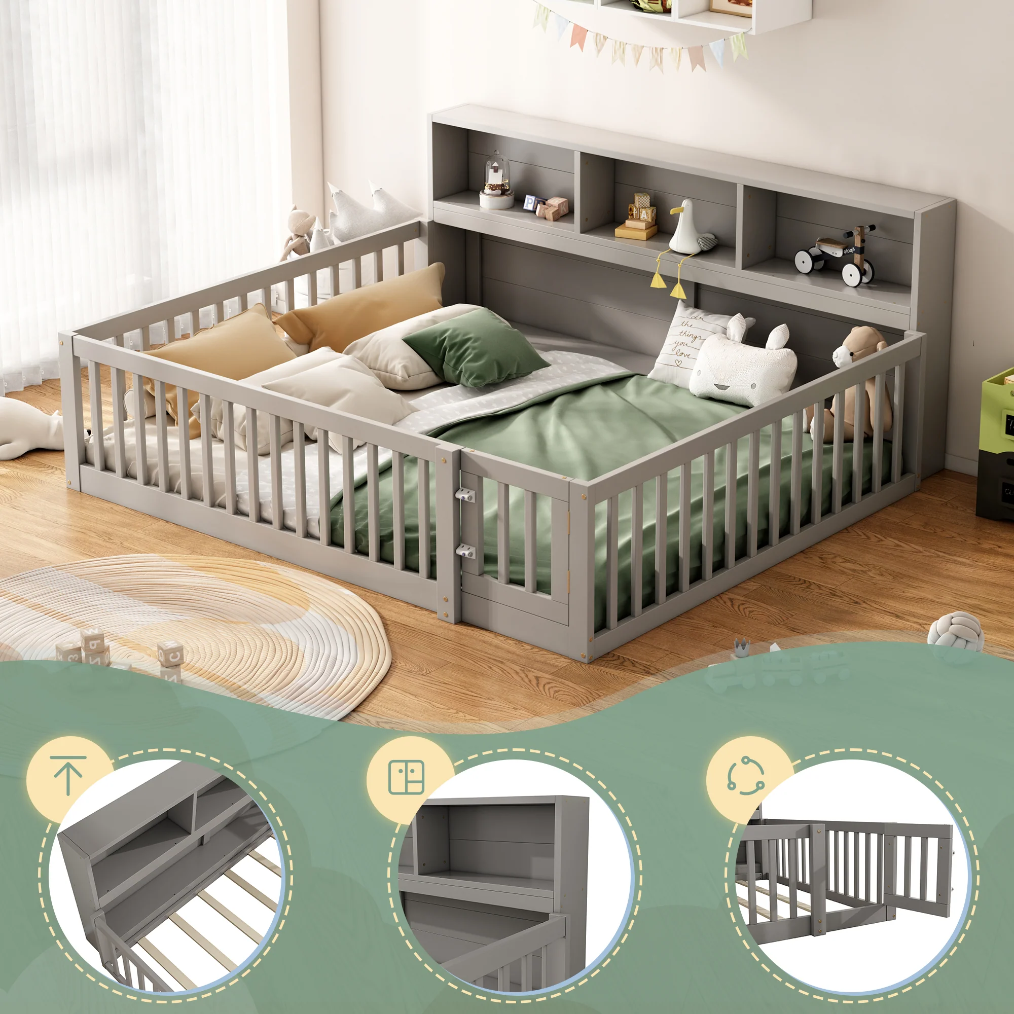 Daybed Sofa Bed 140x200cm with Bedside Storage Railing, Grey Pine Wood - Image 3