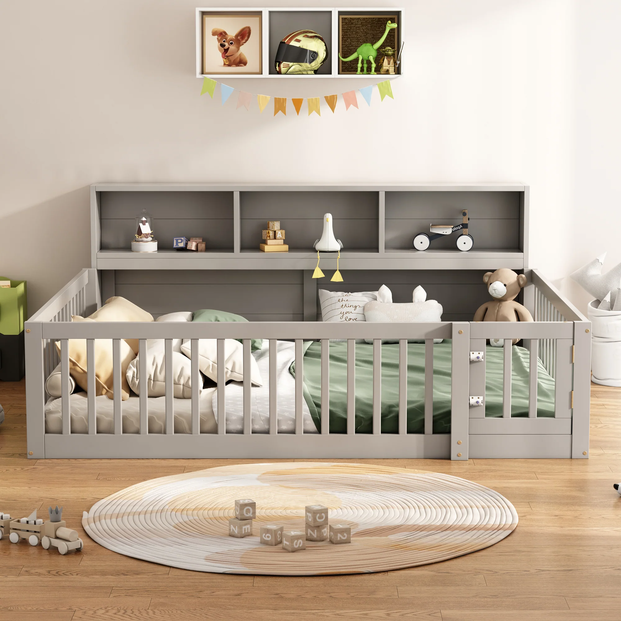 Daybed Sofa Bed 140x200cm with Bedside Storage Railing, Grey Pine Wood - Image 4