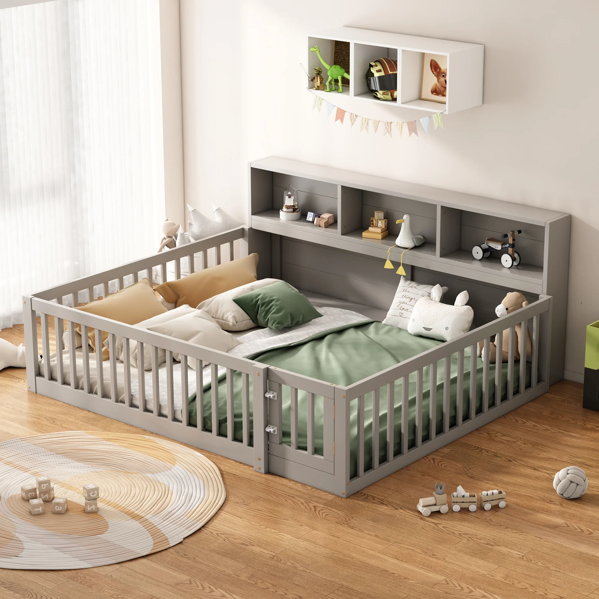 Daybed Sofa Bed 140x200cm with Bedside Storage Railing, Grey Pine Wood - Image 5