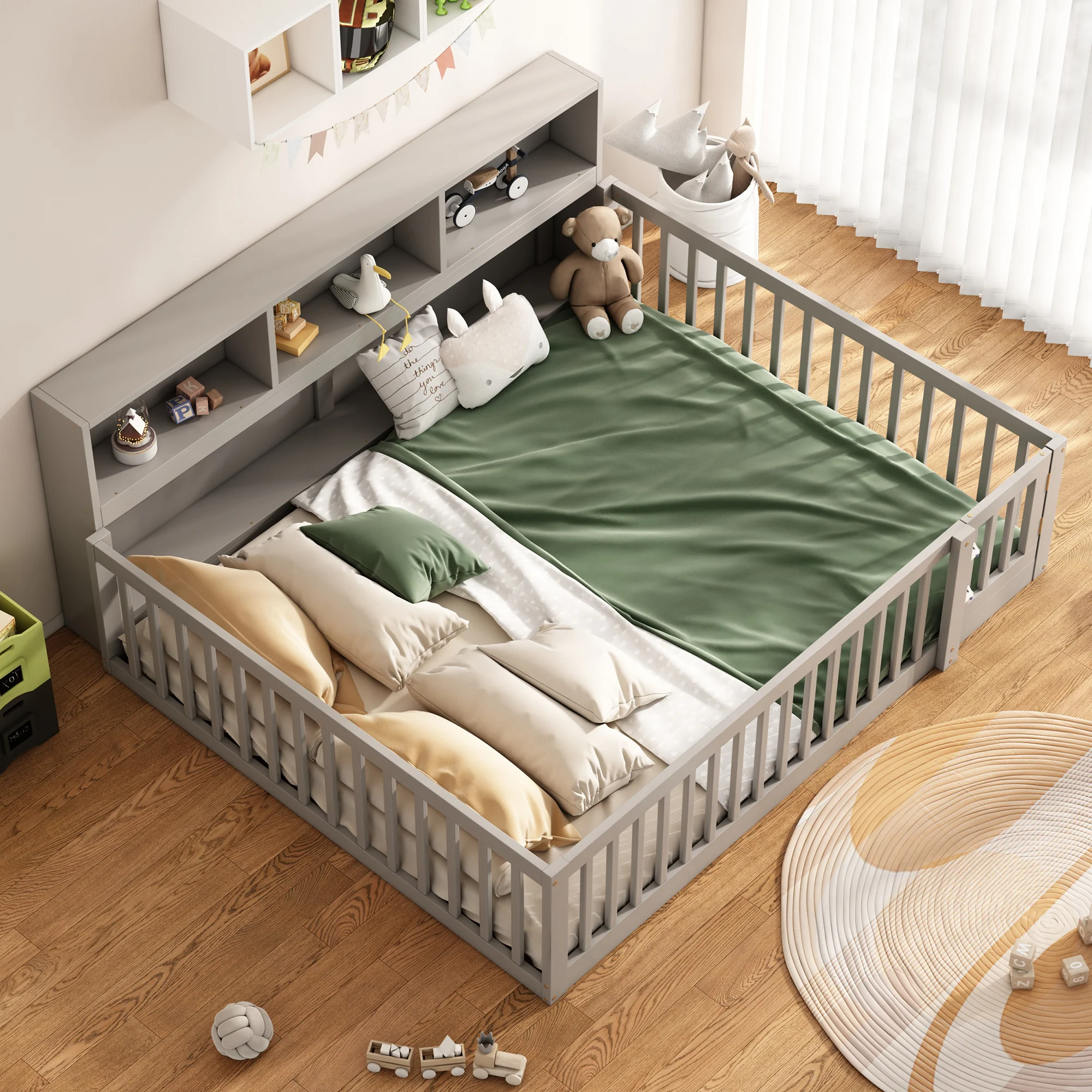 Daybed Sofa Bed 140x200cm with Bedside Storage Railing, Grey Pine Wood - Image 6