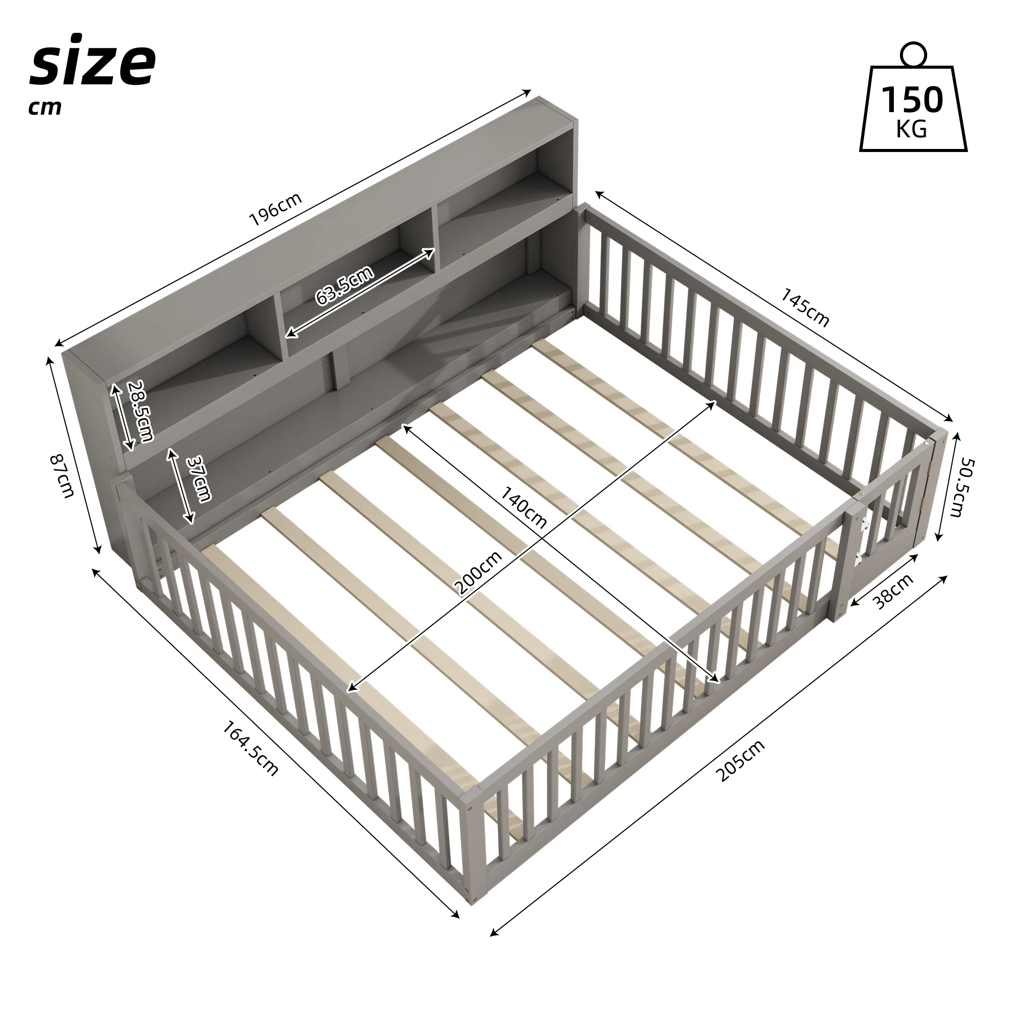 Daybed Sofa Bed 140x200cm with Bedside Storage Railing, Grey Pine Wood - Image 8