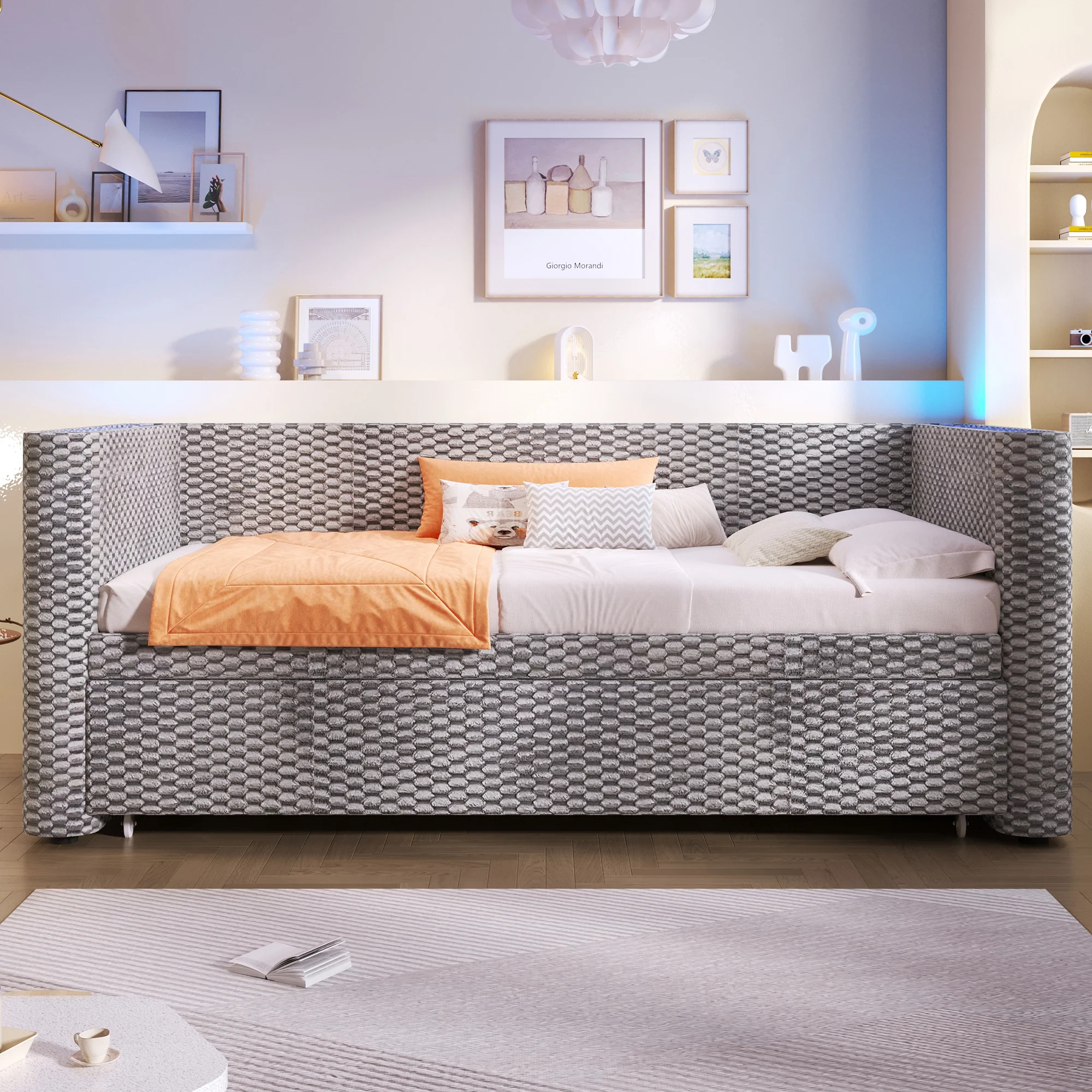 Daybed Sofa Bed 90x200/180x200cm Pull-out Multifunctional LED - Velvet Grey - Image 8