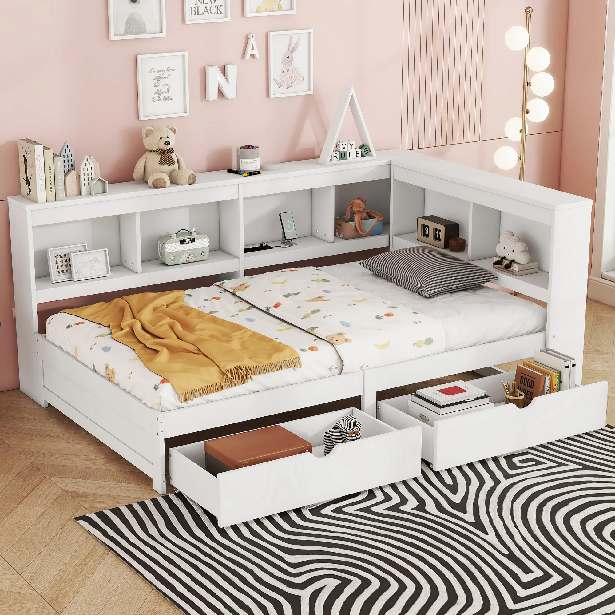 Daybed Sofa Bed 90x200cm 2 Drawers Power Outlet USB - White Chipboard - Image 2