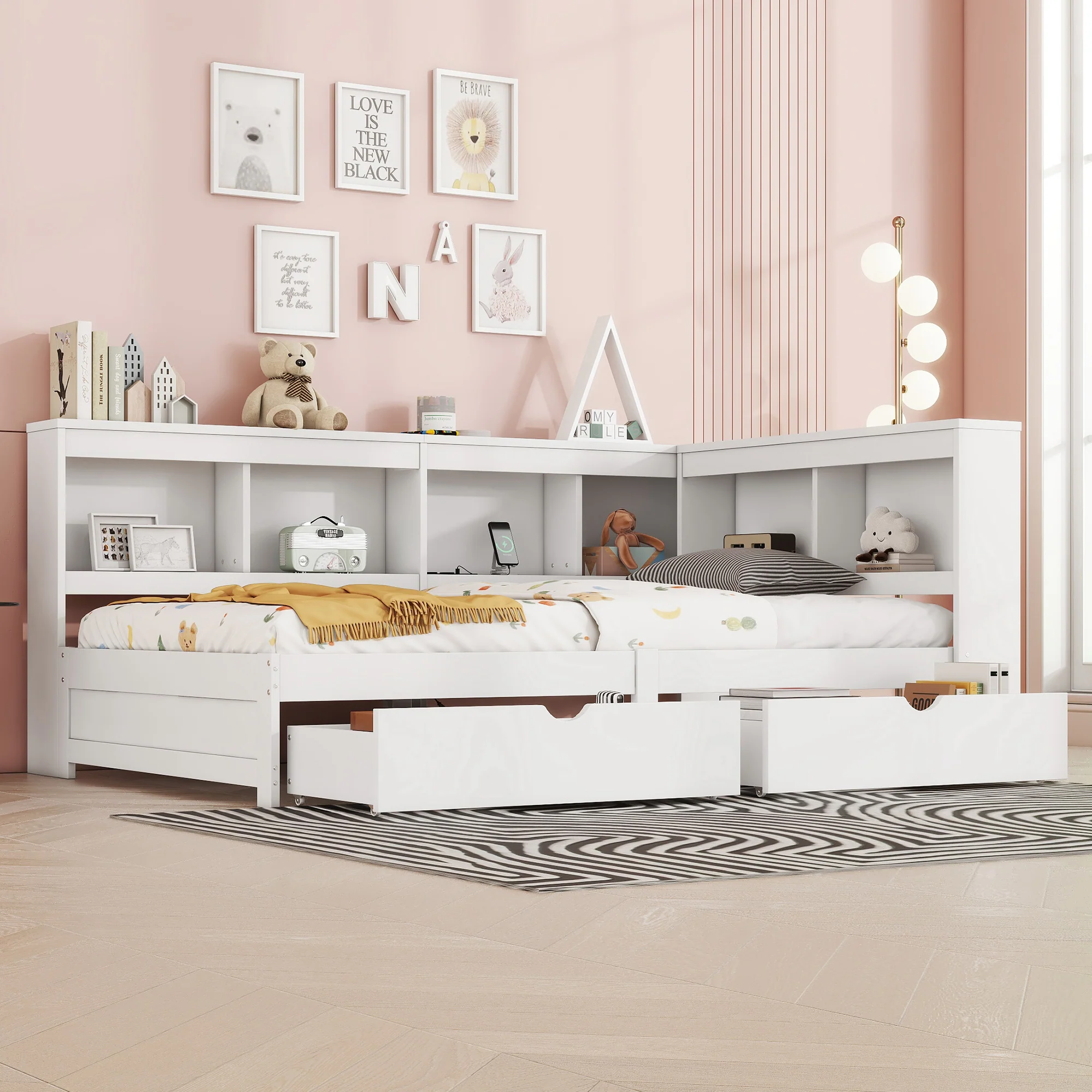 Daybed Sofa Bed 90x200cm 2 Drawers Power Outlet USB - White Chipboard - Image 3