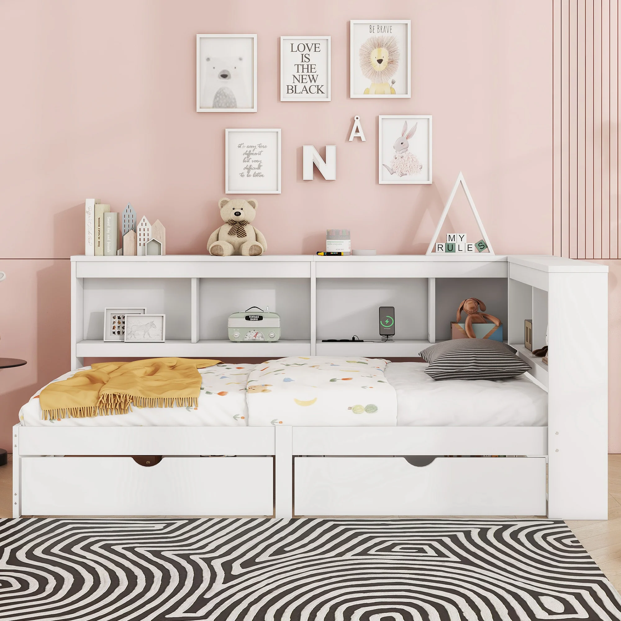 Daybed Sofa Bed 90x200cm 2 Drawers Power Outlet USB - White Chipboard - Image 4