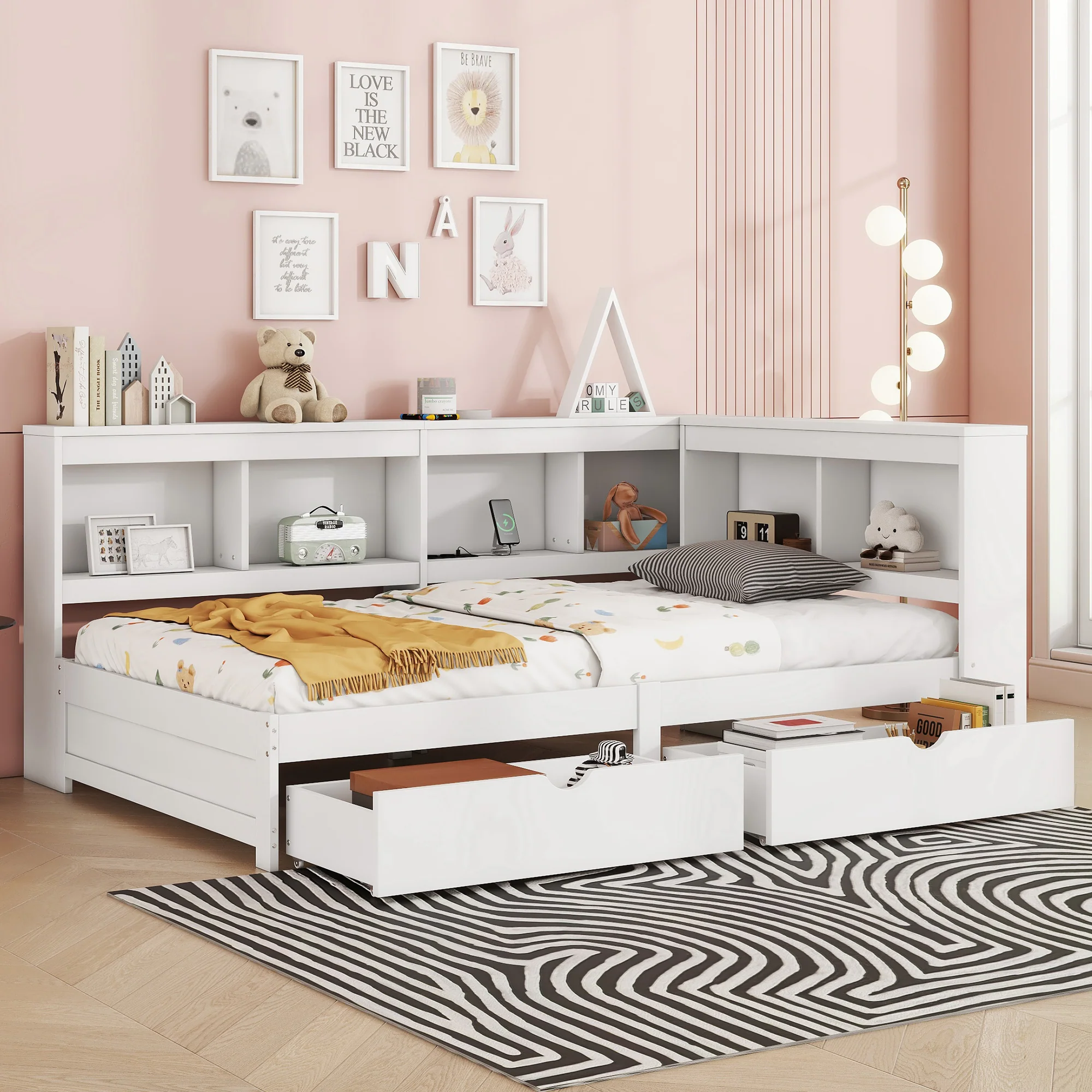 Daybed Sofa Bed 90x200cm 2 Drawers Power Outlet USB - White Chipboard - Image 5