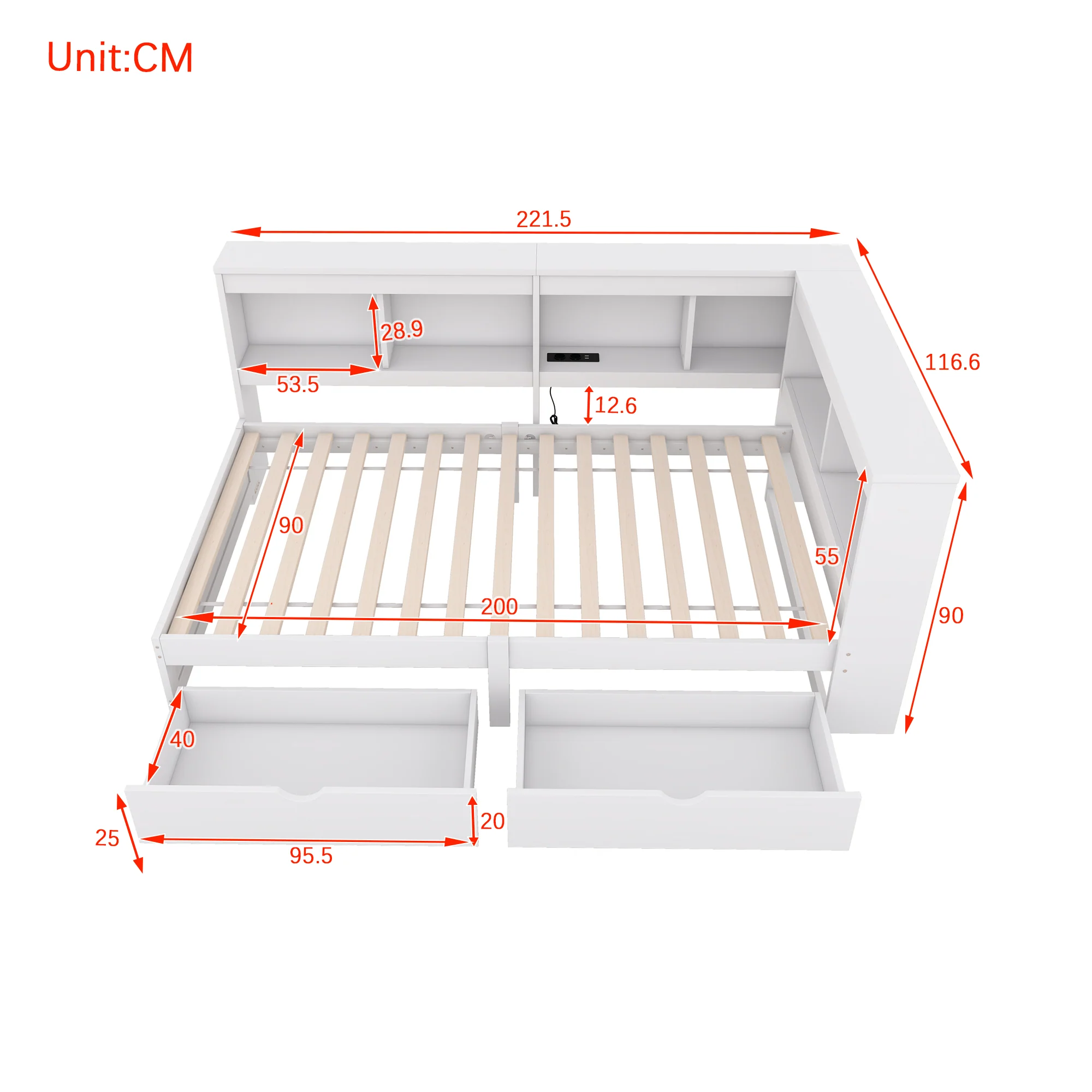 Daybed Sofa Bed 90x200cm 2 Drawers Power Outlet USB - White Chipboard - Image 7