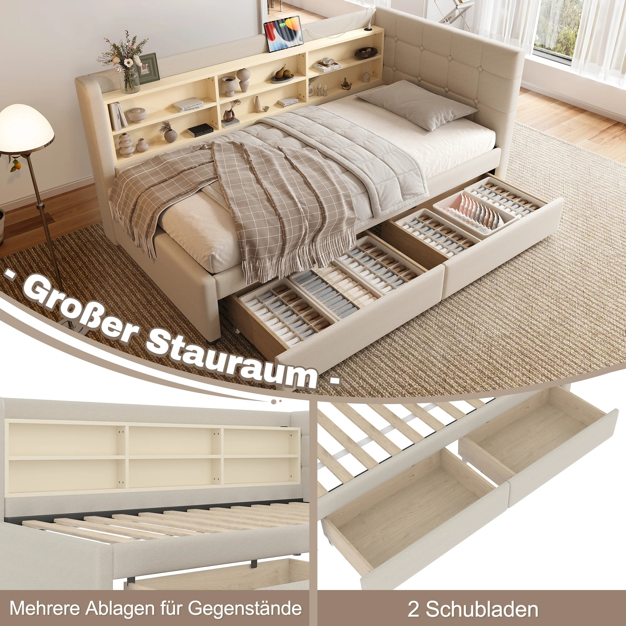 Daybed Sofa Bed 90x200cm 2 Drawers USB-Type C Storage - Linen Beige - Image 2