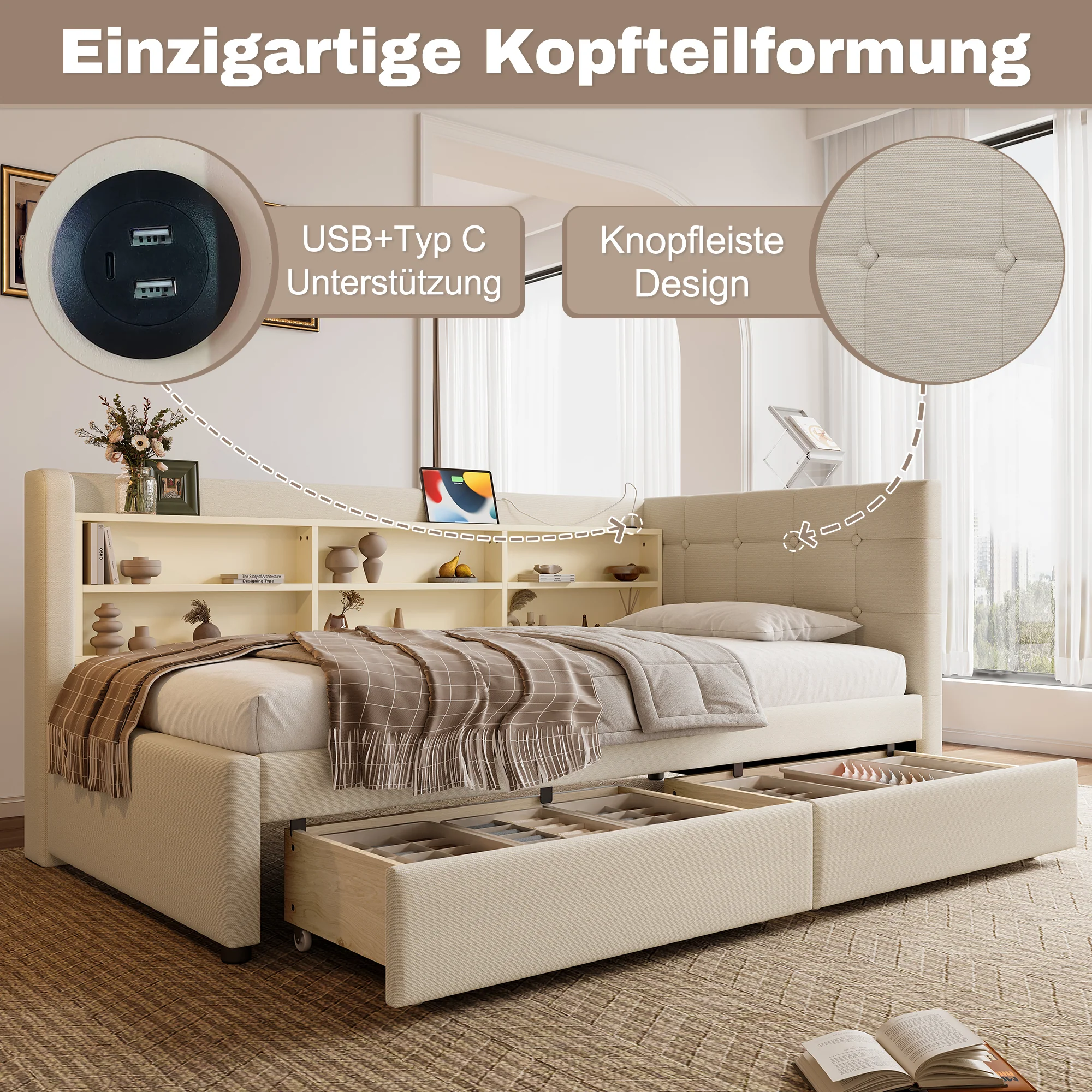 Daybed Sofa Bed 90x200cm 2 Drawers USB-Type C Storage - Linen Beige - Image 3