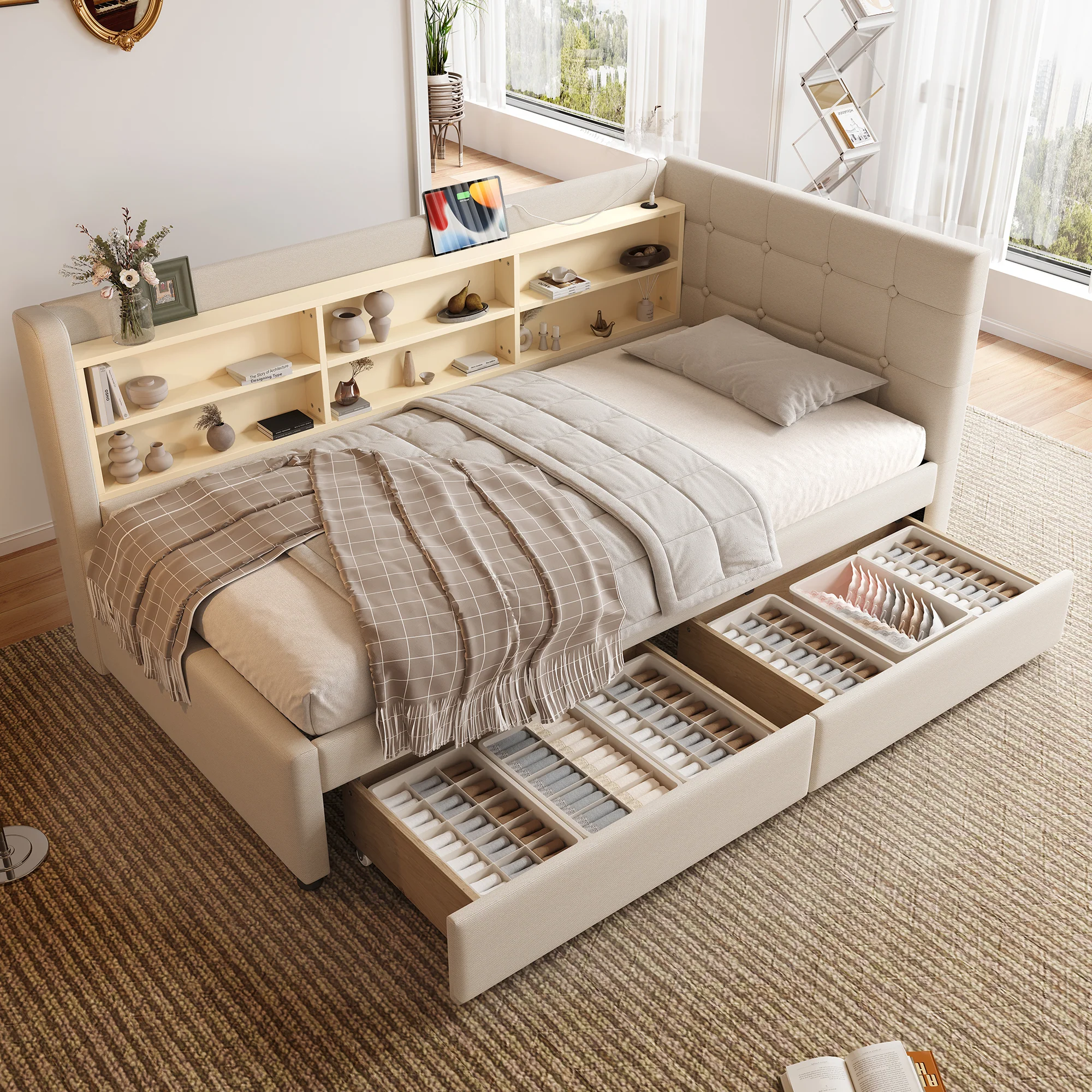 Daybed Sofa Bed 90x200cm 2 Drawers USB-Type C Storage - Linen Beige - Image 4