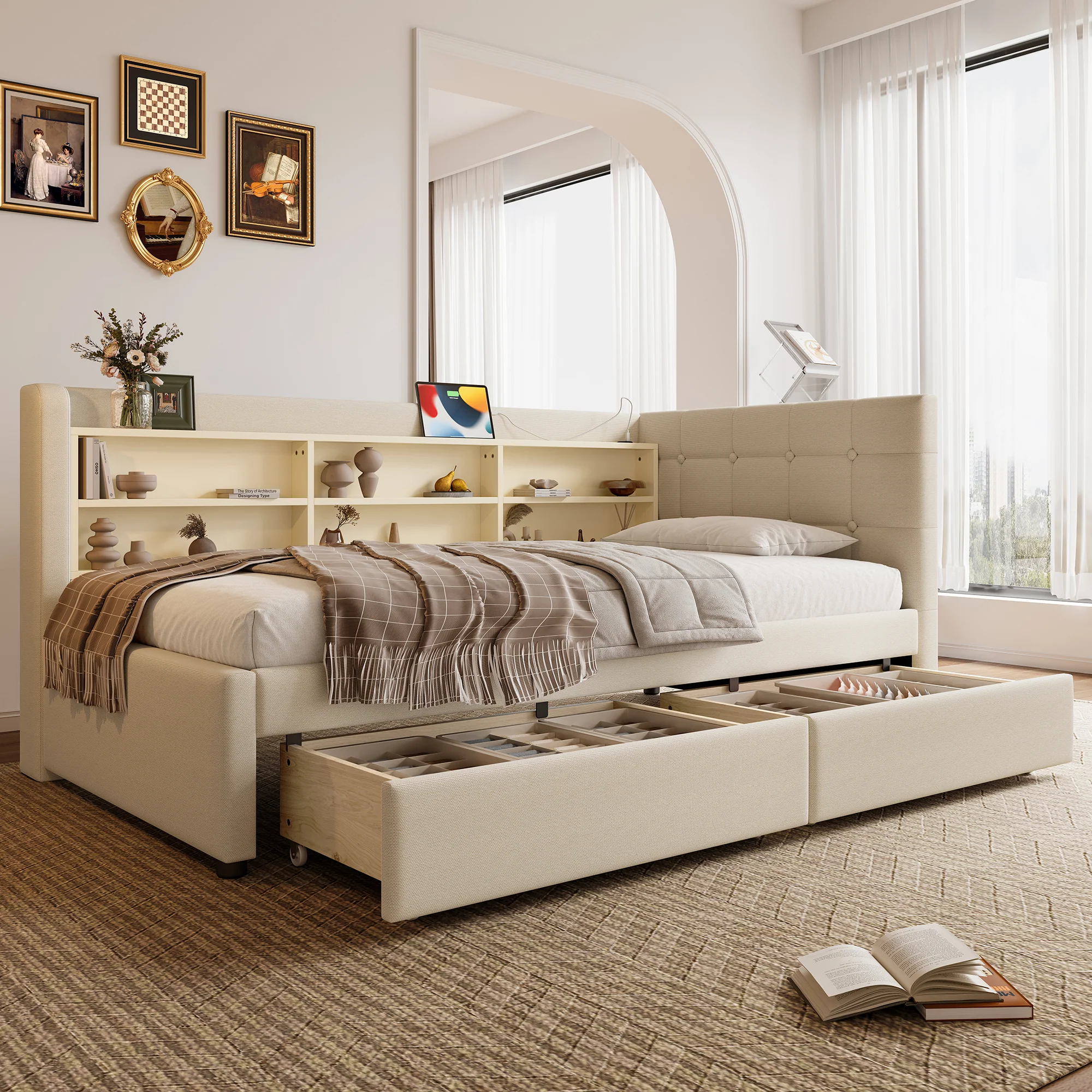 Daybed Sofa Bed 90x200cm 2 Drawers USB-Type C Storage - Linen Beige - Image 5