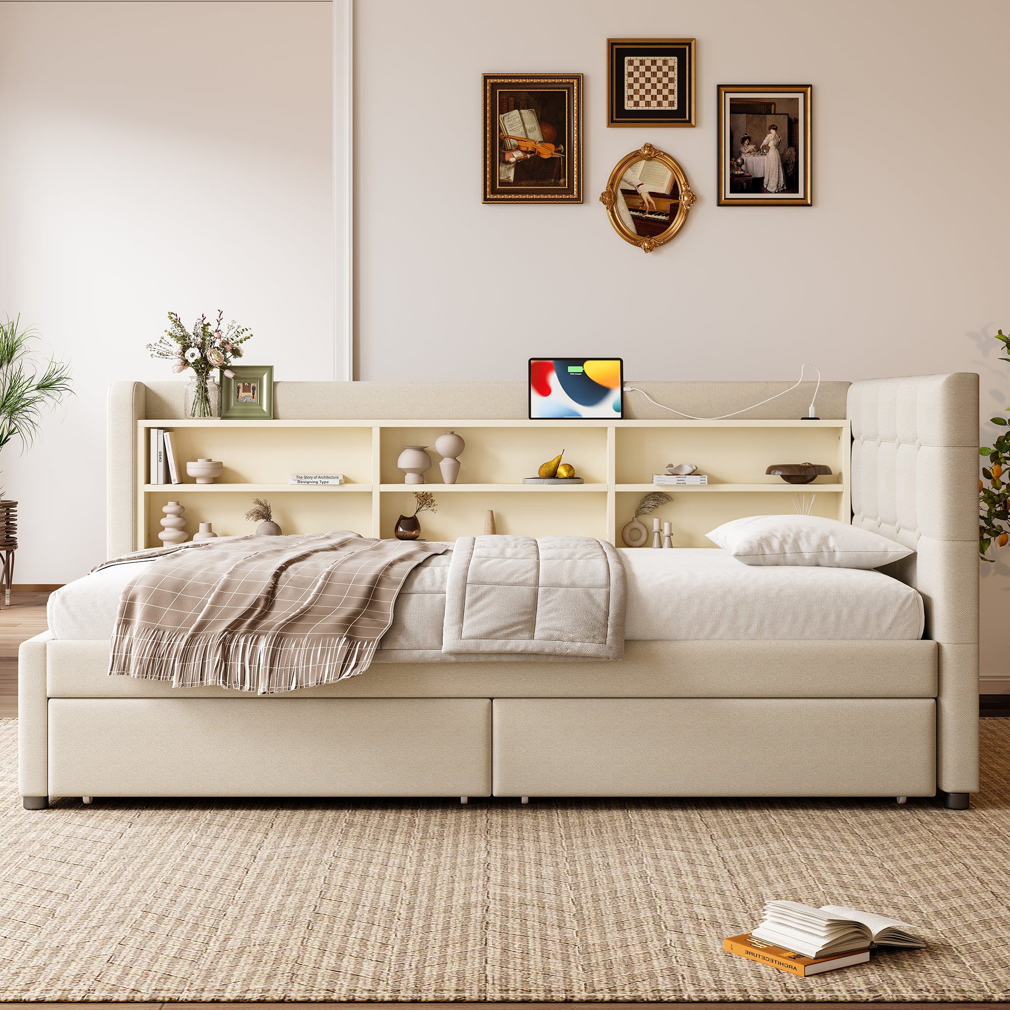 Daybed Sofa Bed 90x200cm 2 Drawers USB-Type C Storage - Linen Beige - Image 6