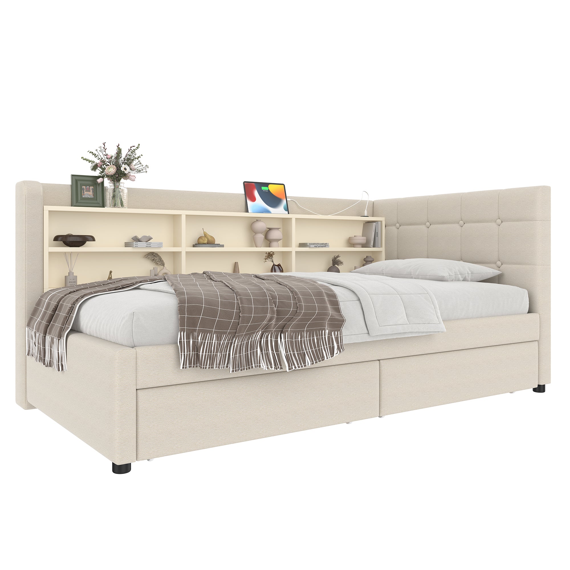 Daybed Sofa Bed 90x200cm 2 Drawers USB-Type C Storage - Linen Beige - Image 7