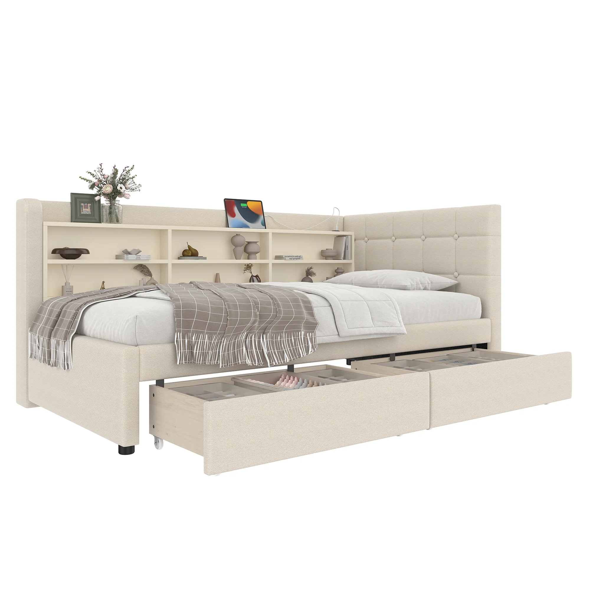 Daybed Sofa Bed 90x200cm 2 Drawers USB-Type C Storage - Linen Beige - Image 8