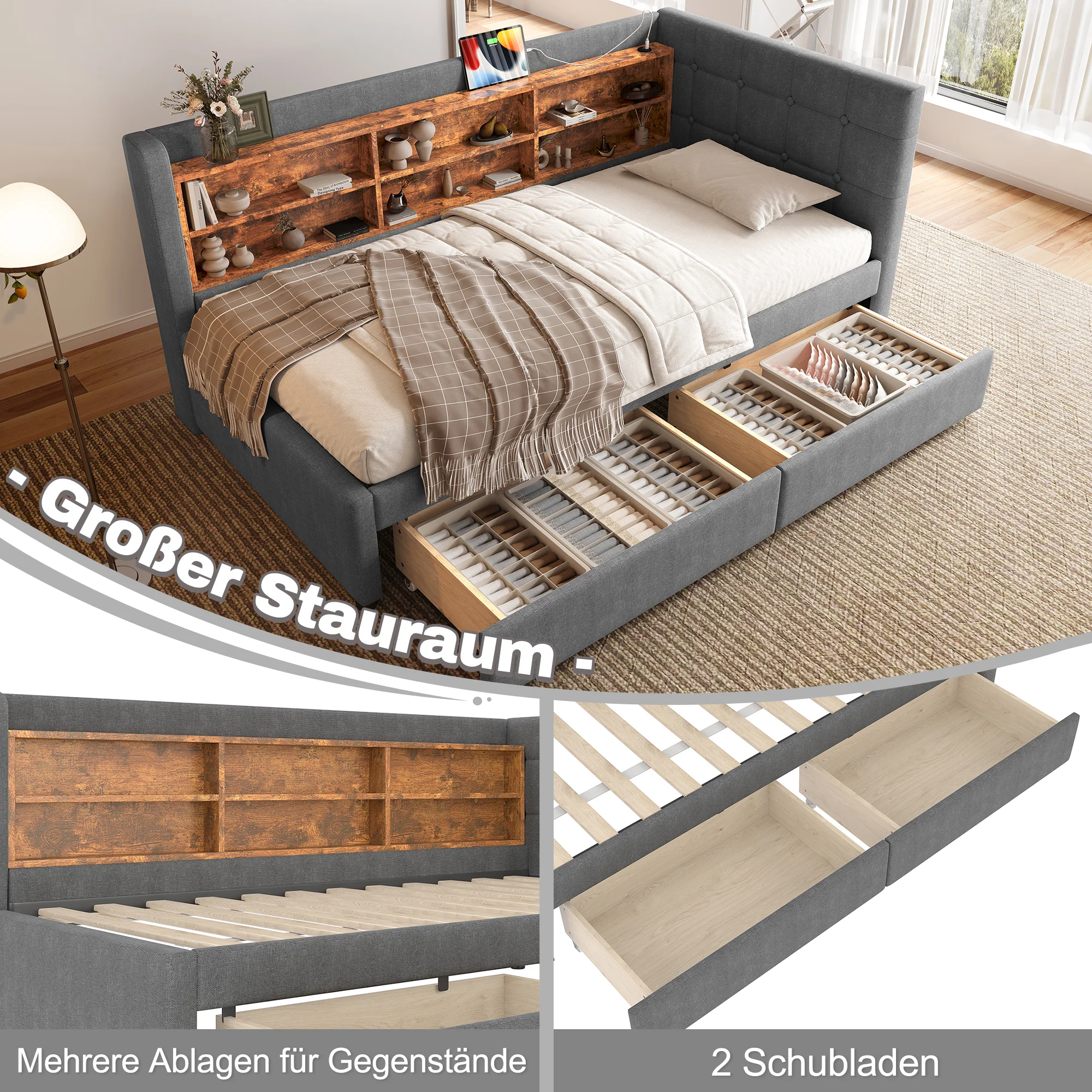 Daybed Sofa Bed 90x200cm 2 Drawers USB/Type C Storage - Linen Grey - Image 2