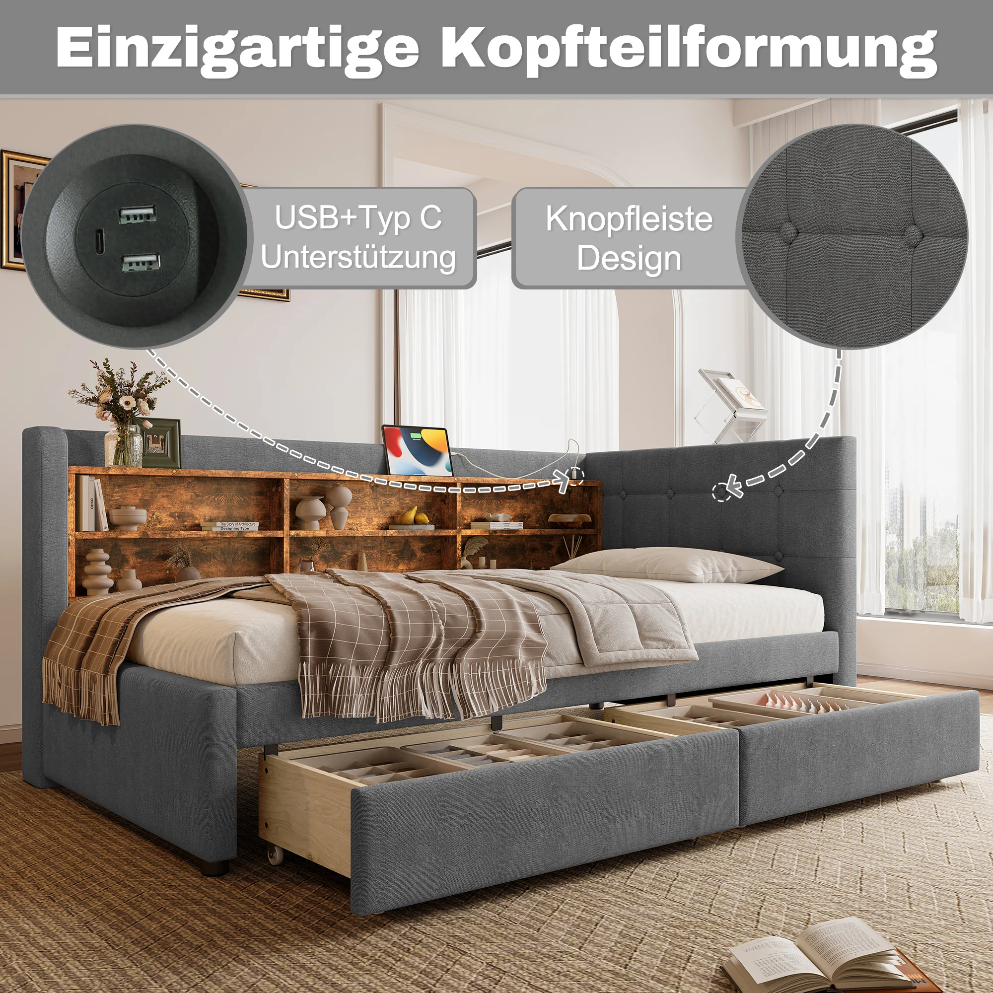 Daybed Sofa Bed 90x200cm 2 Drawers USB/Type C Storage - Linen Grey - Image 3