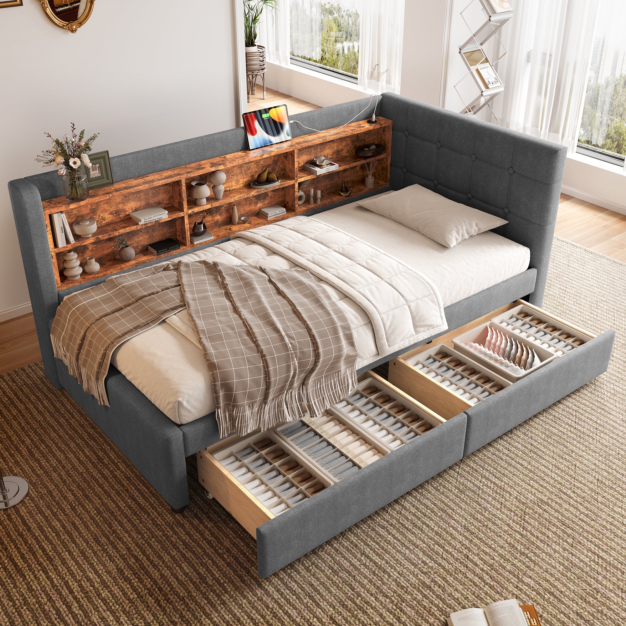 Daybed Sofa Bed 90x200cm 2 Drawers USB/Type C Storage - Linen Grey - Image 4
