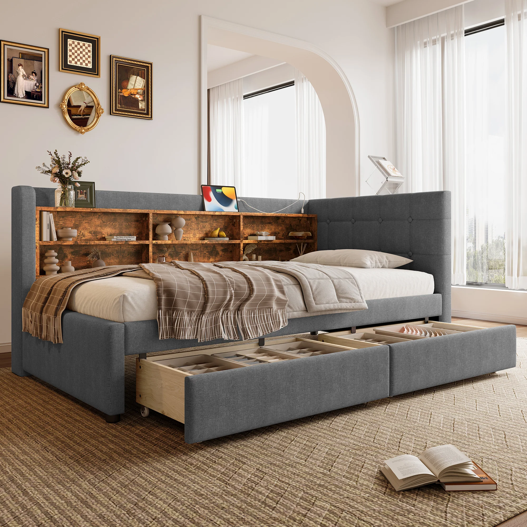 Daybed Sofa Bed 90x200cm 2 Drawers USB/Type C Storage - Linen Grey - Image 5