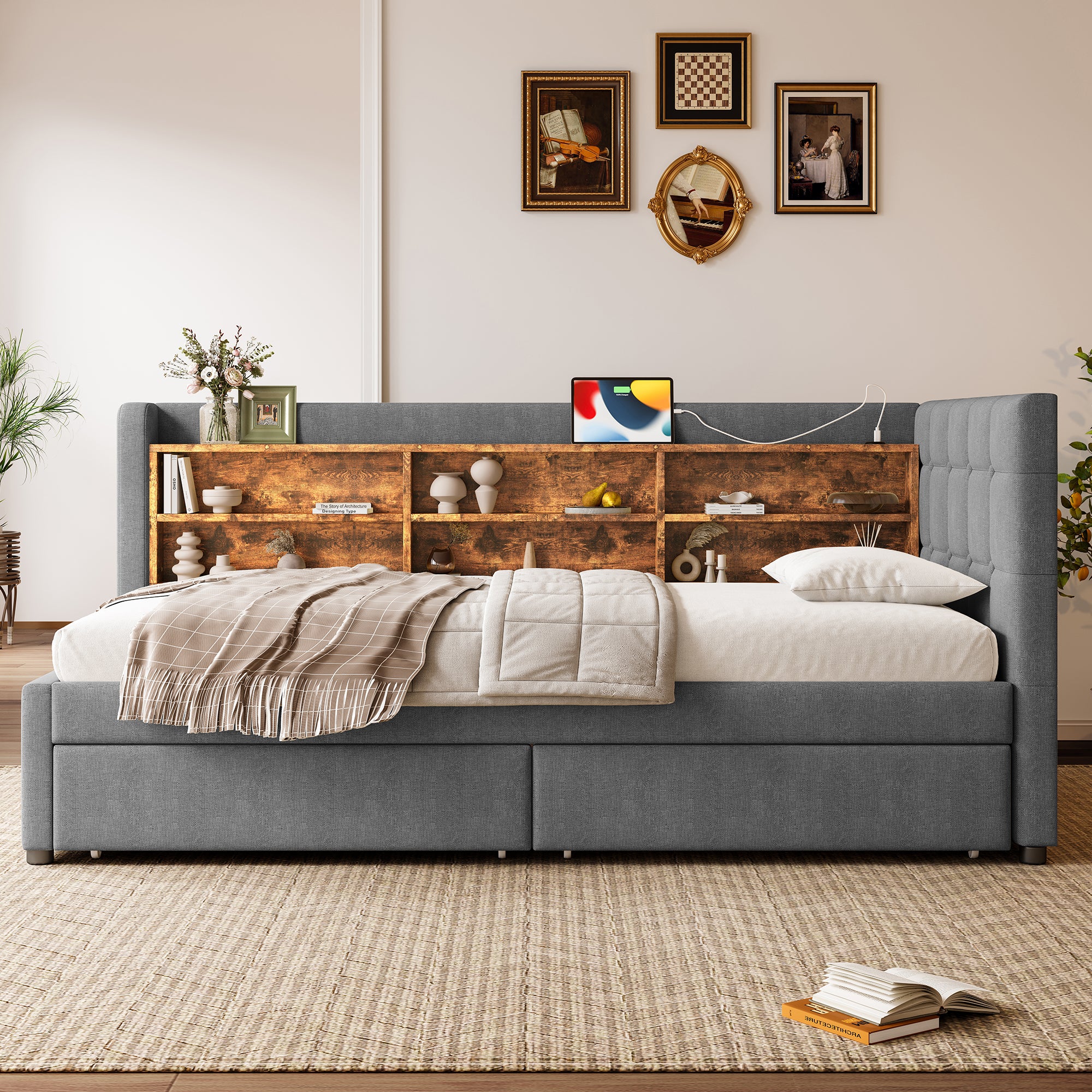 Daybed Sofa Bed 90x200cm 2 Drawers USB/Type C Storage - Linen Grey - Image 6