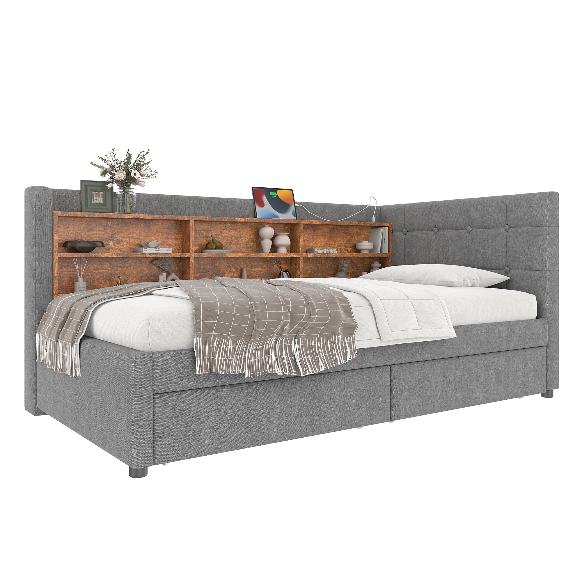 Daybed Sofa Bed 90x200cm 2 Drawers USB/Type C Storage - Linen Grey - Image 7