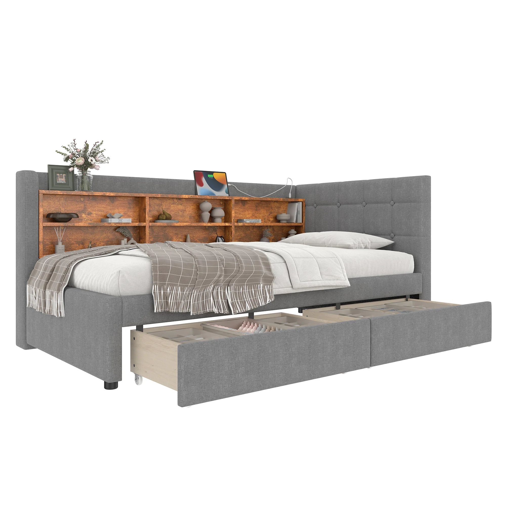 Daybed Sofa Bed 90x200cm 2 Drawers USB/Type C Storage - Linen Grey - Image 8