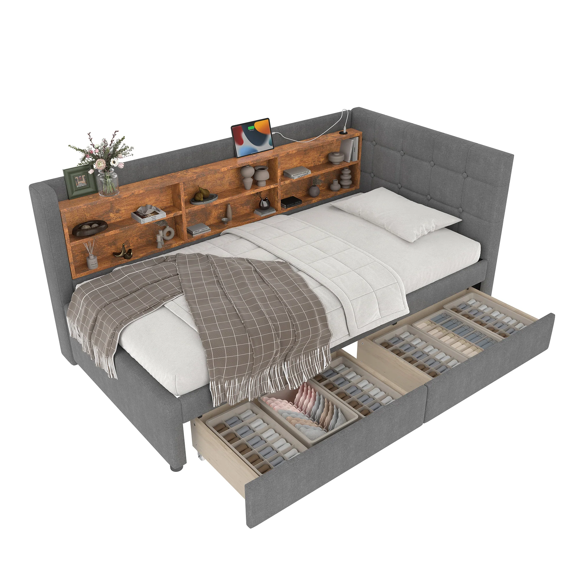 Daybed Sofa Bed 90x200cm 2 Drawers USB/Type C Storage - Linen Grey - Image 9