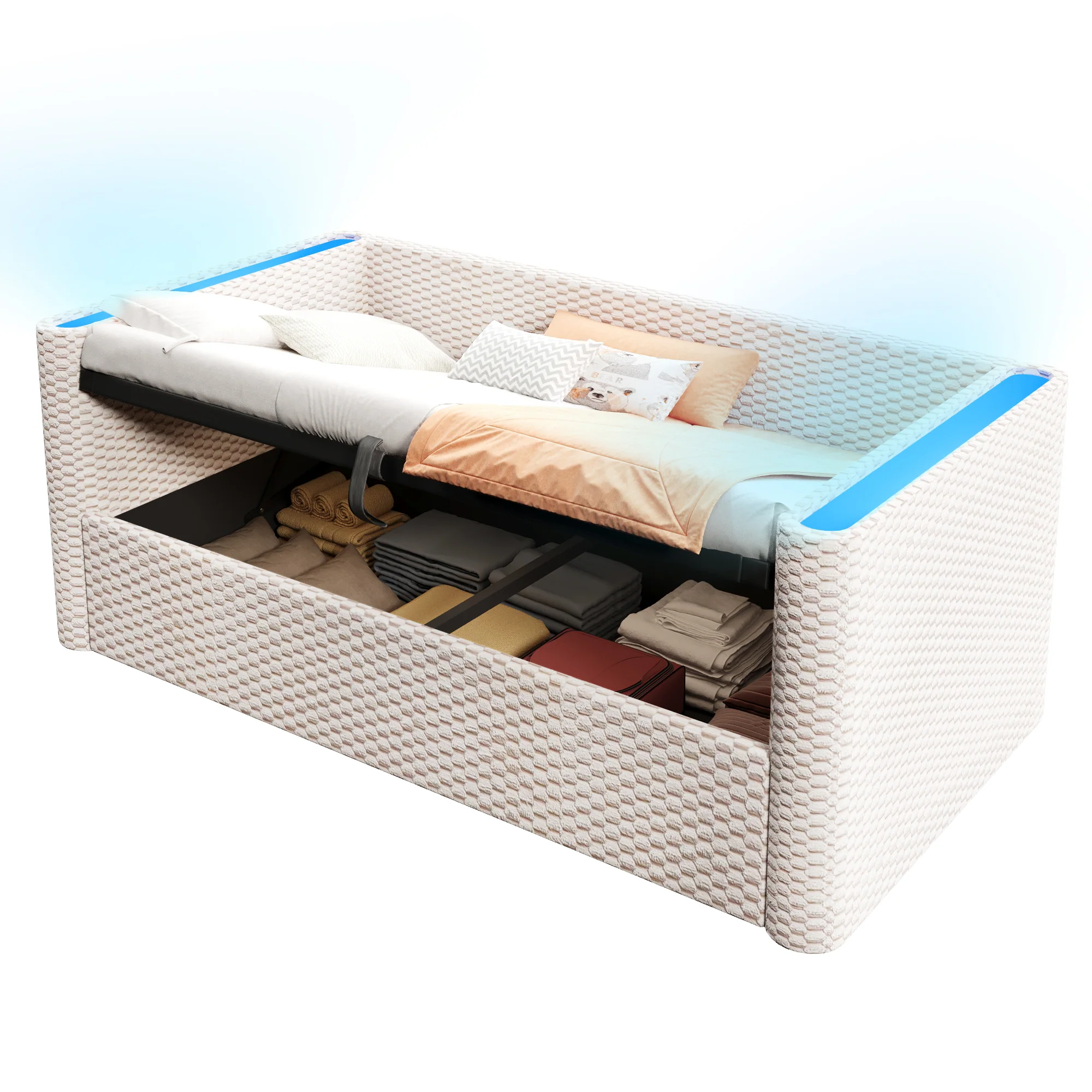 Daybed Sofa Bed 90x200cm Hydraulic Storage LED Lighting Velvet Beige - Image 10
