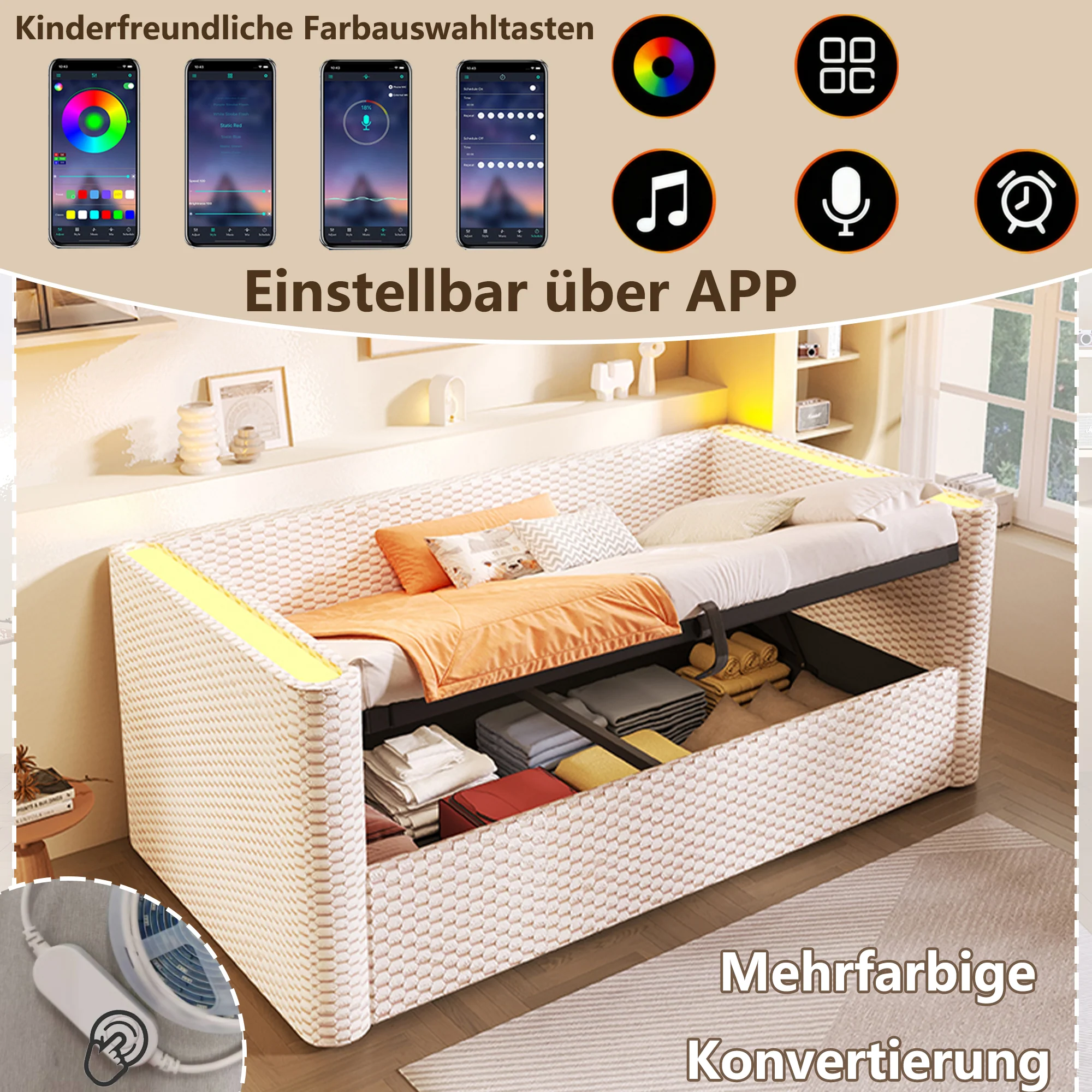 Daybed Sofa Bed 90x200cm Hydraulic Storage LED Lighting Velvet Beige - Image 2